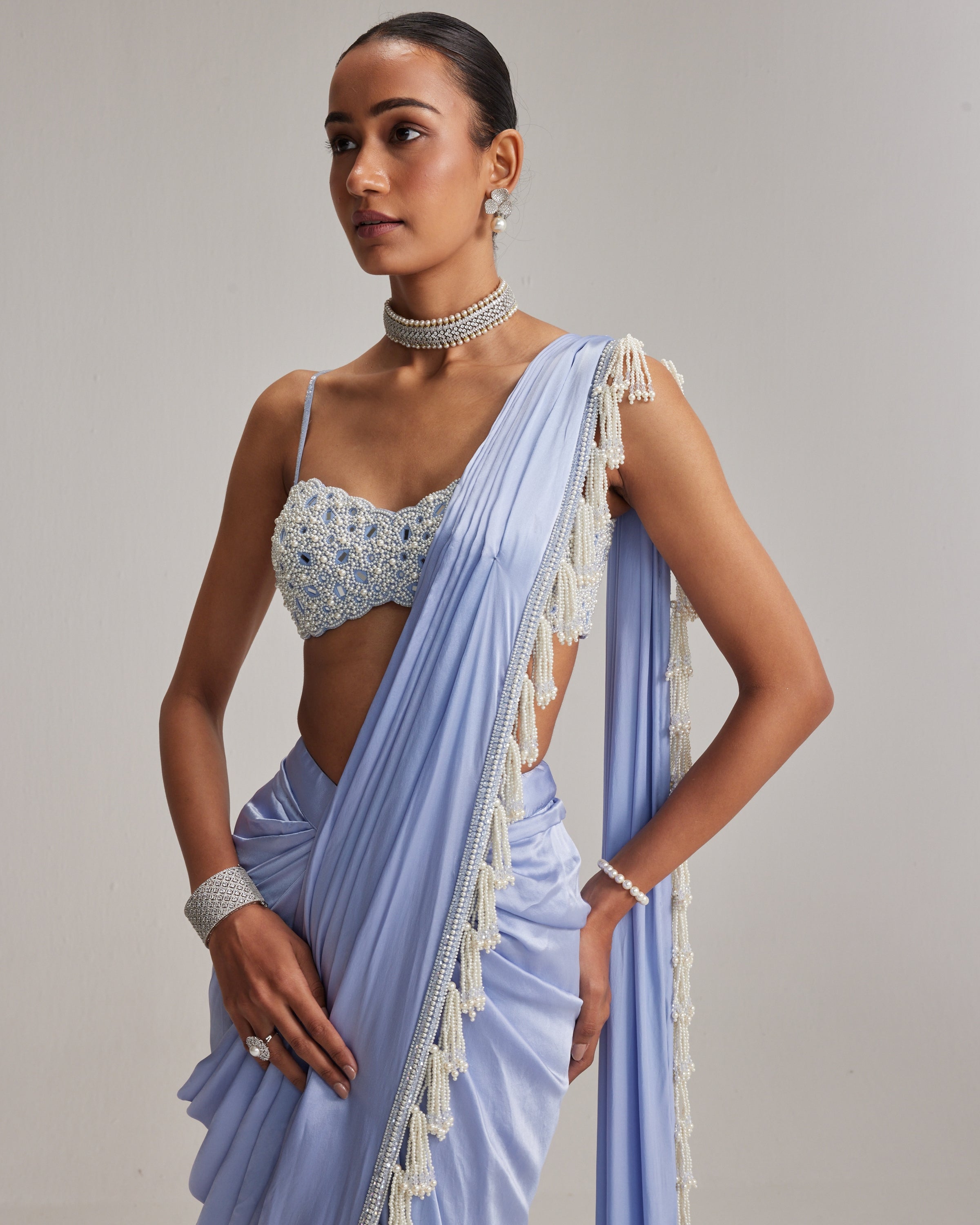 Dew Blue Satin Draped Sari Set