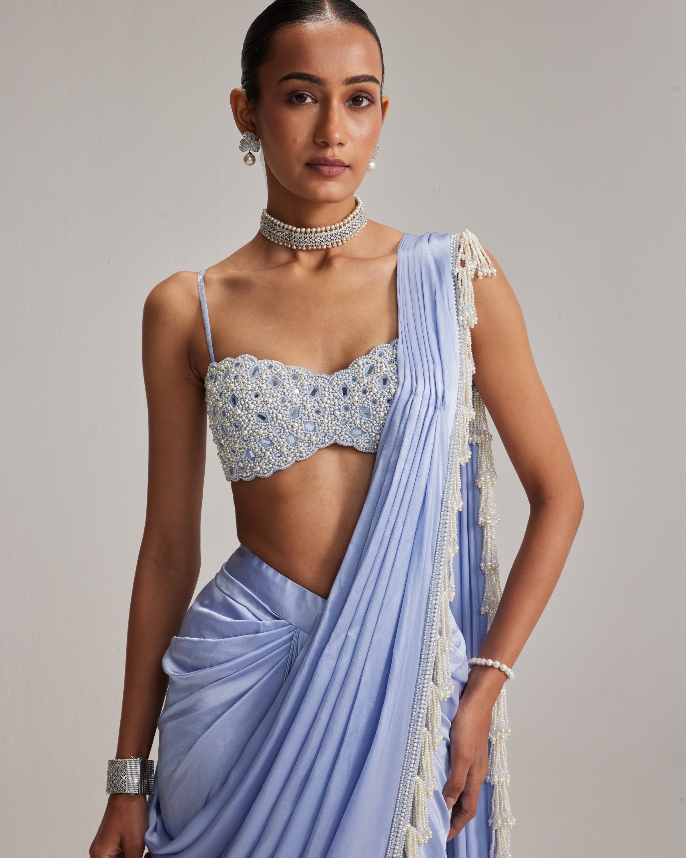 Dew Blue Satin Draped Sari Set