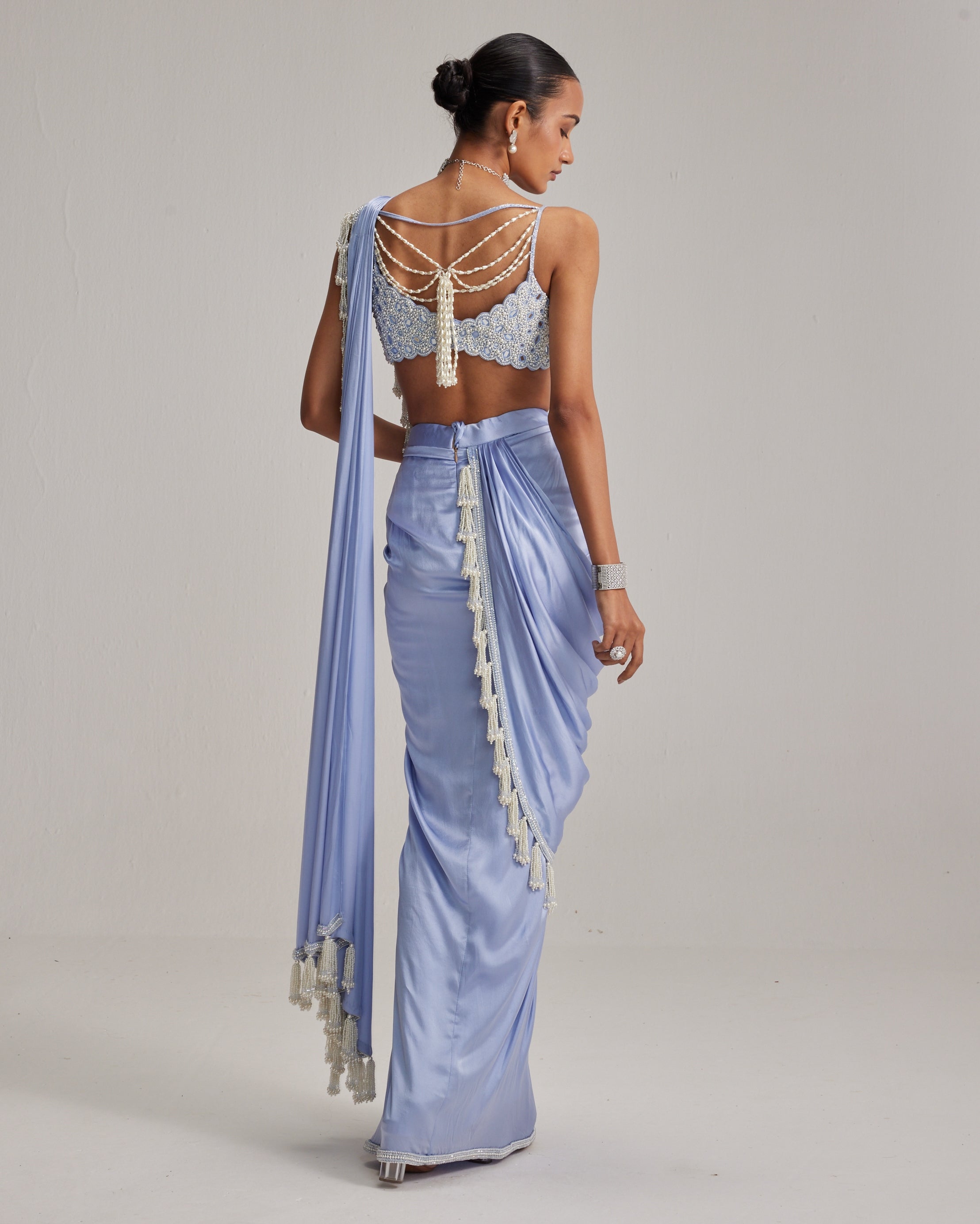Dew Blue Satin Draped Sari Set