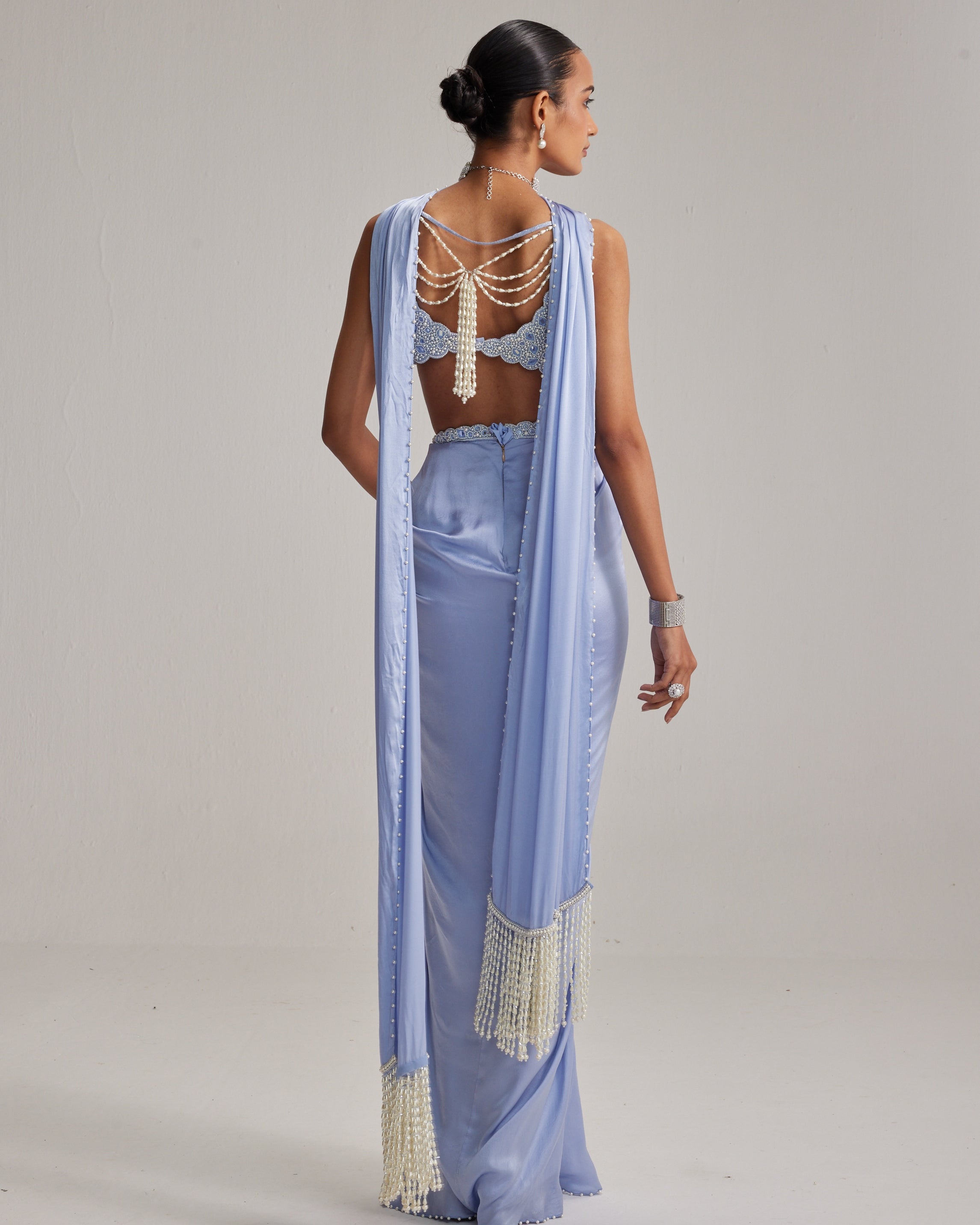 Dew Blue Satin Draped Skirt Set