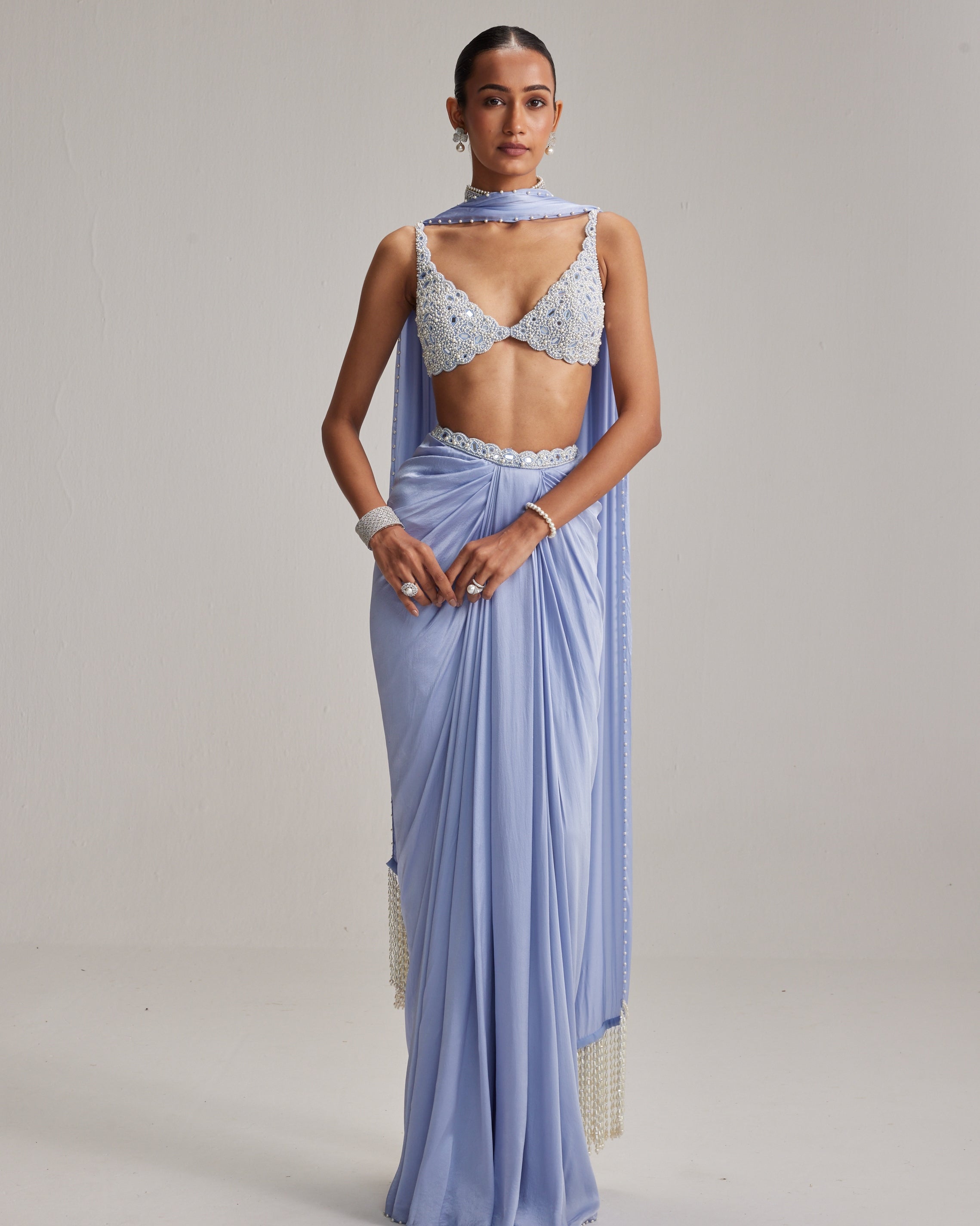 Dew Blue Satin Draped Skirt Set