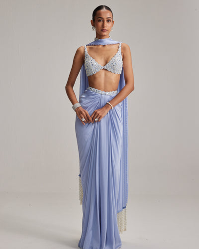 Dew Blue Satin Draped Skirt Set