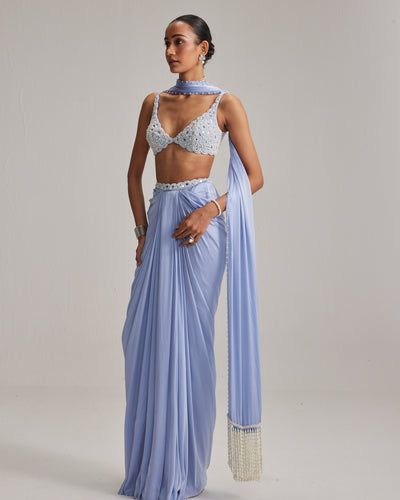 Dew Blue Satin Draped Skirt Set