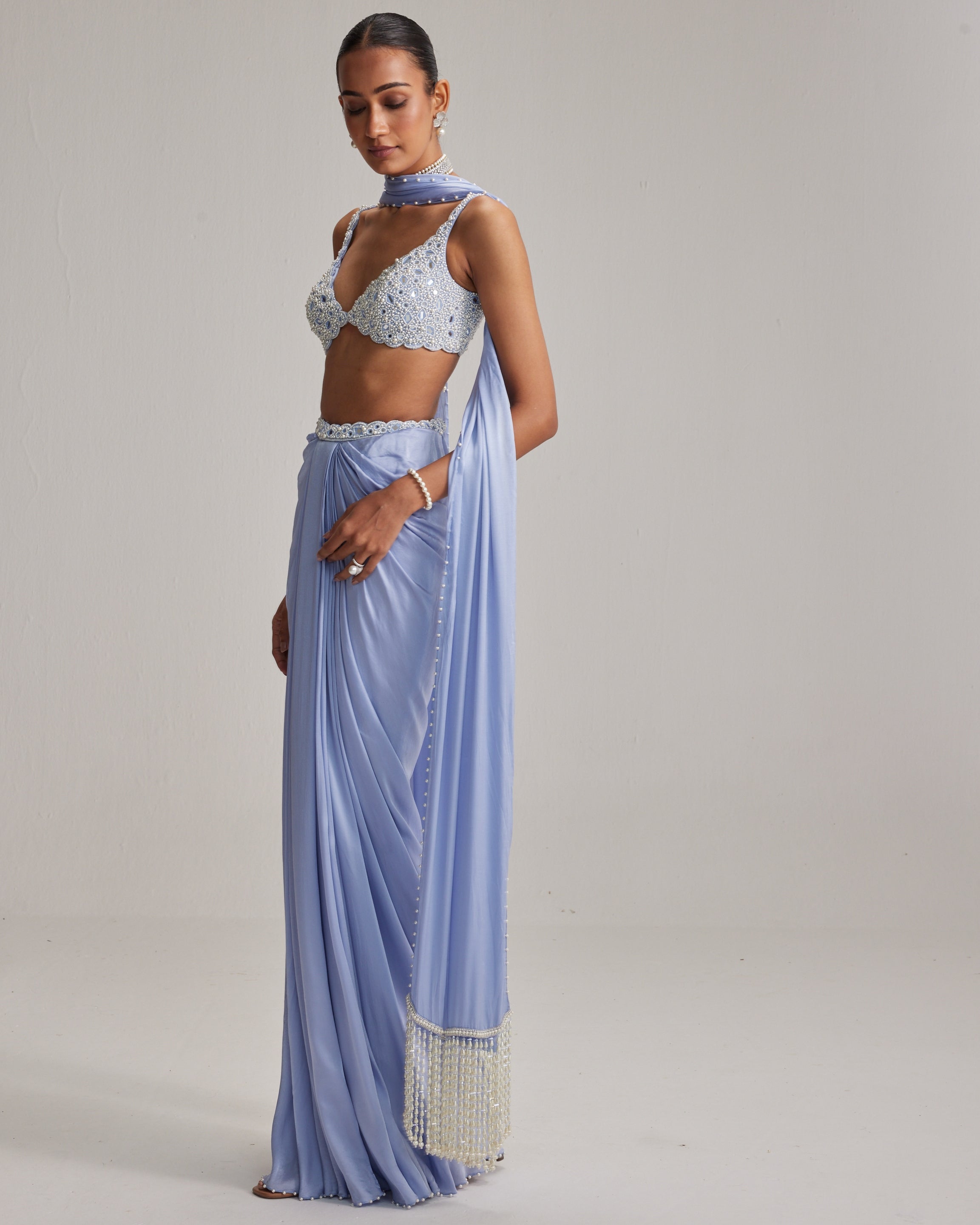 Dew Blue Satin Draped Skirt Set