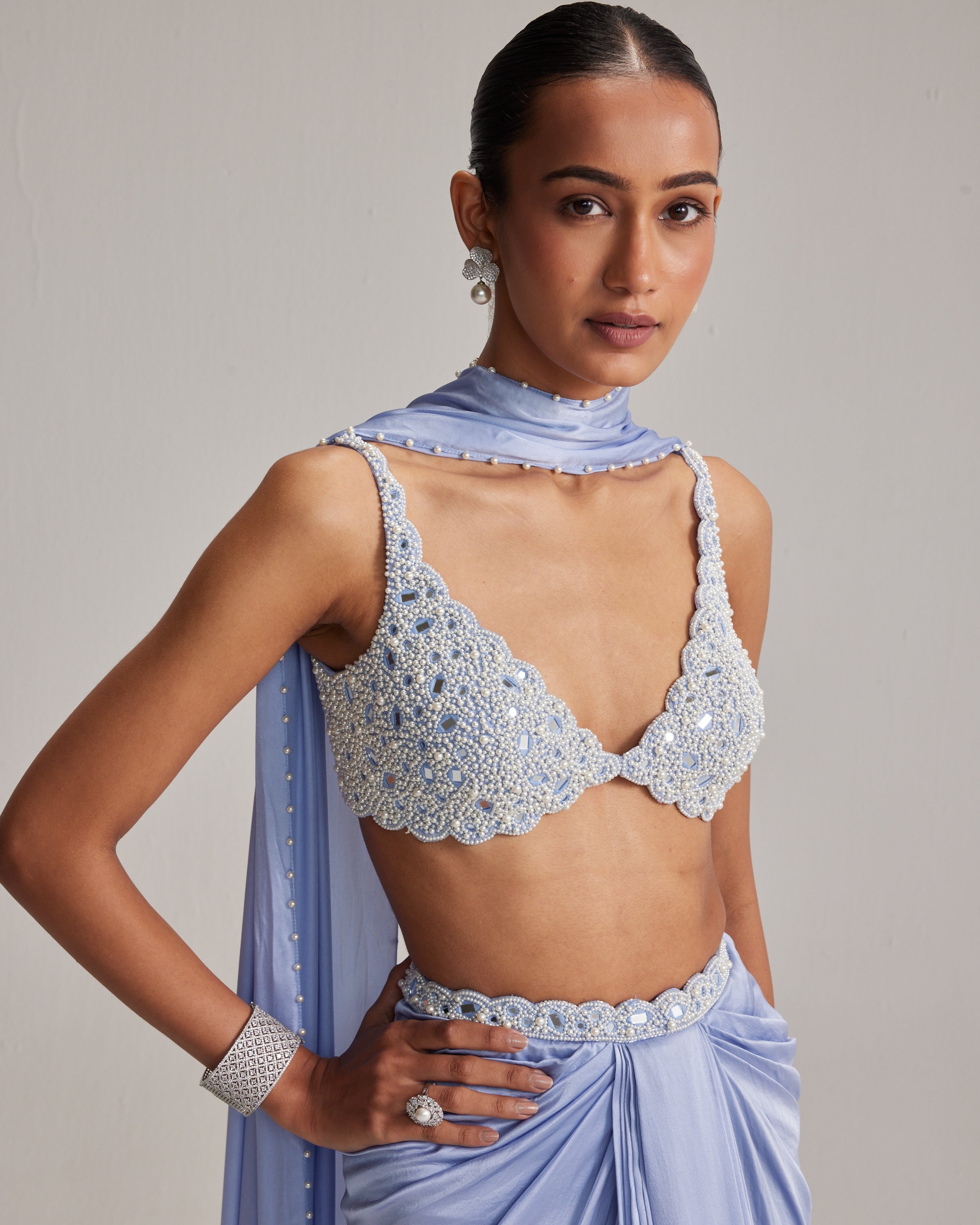 Dew Blue Satin Draped Skirt Set