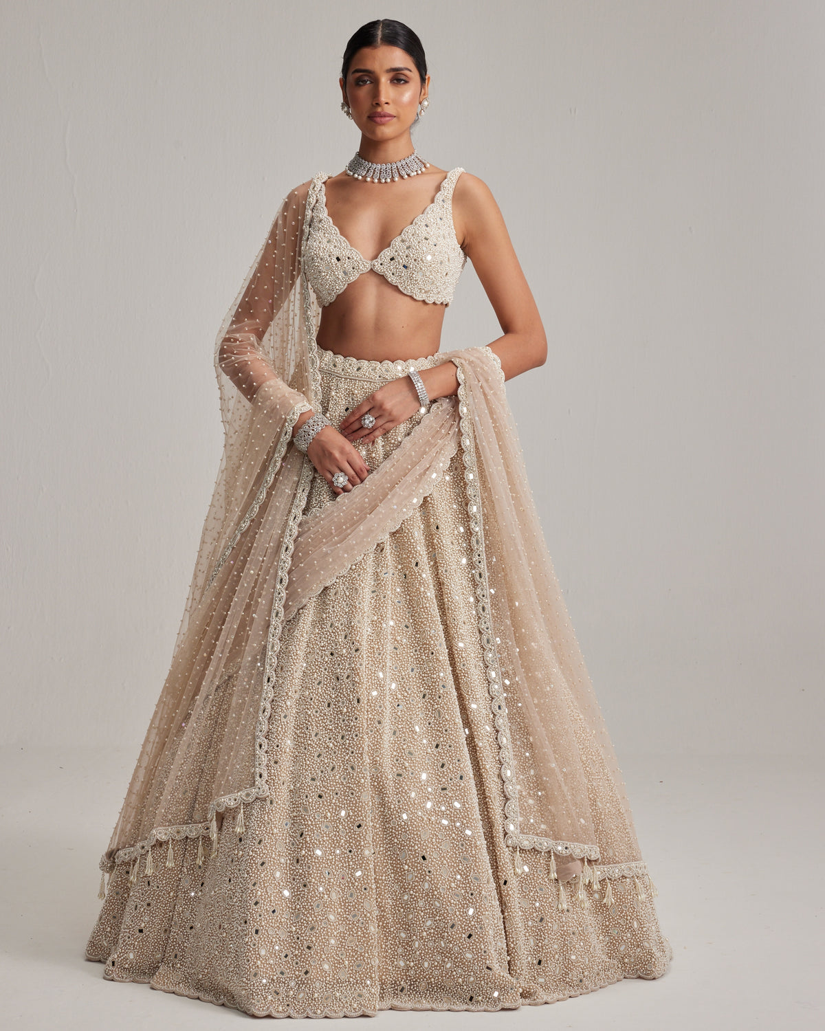 Light Beige Dense Mirror And Pearl Lehenga Set