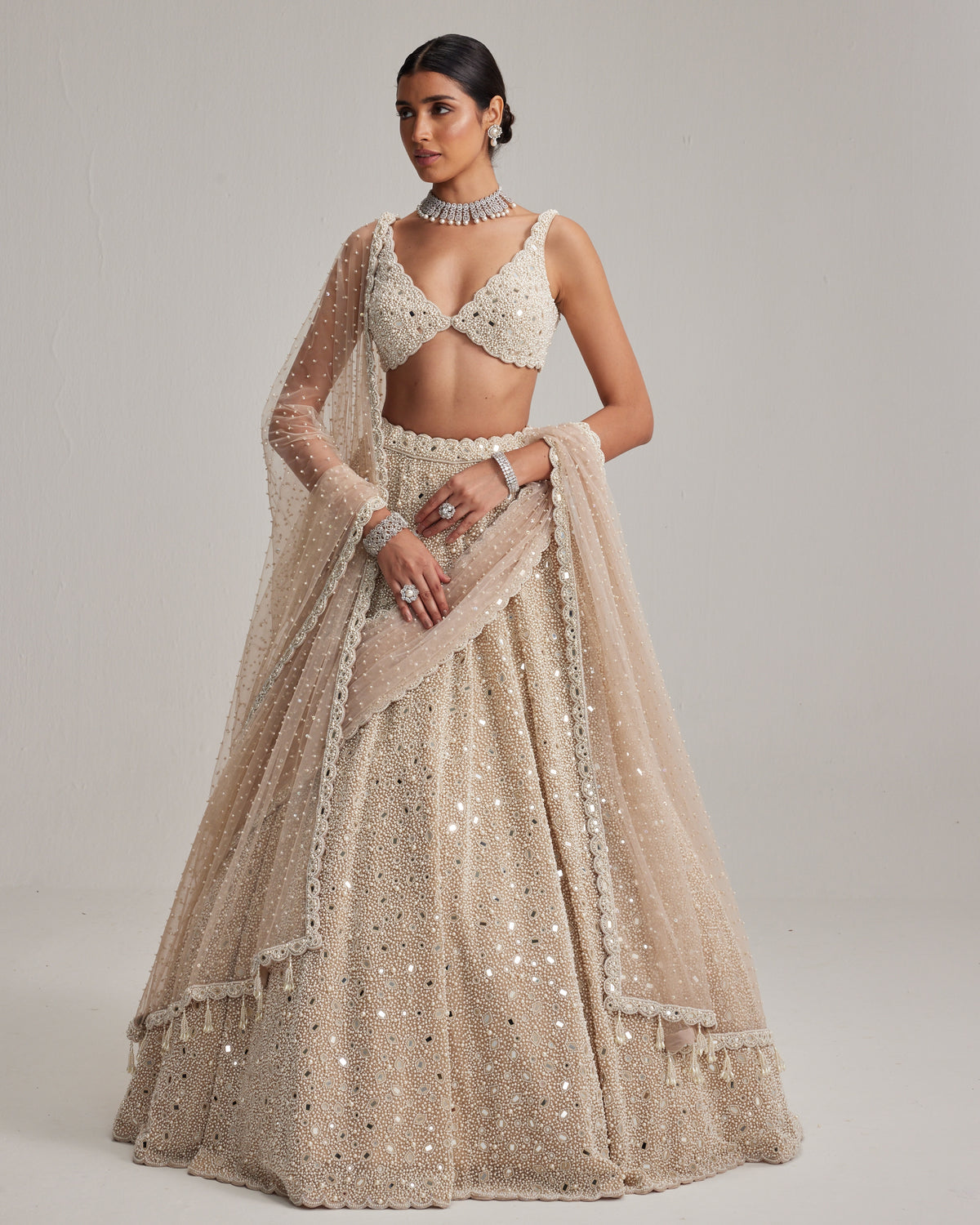 Light Beige Dense Mirror And Pearl Lehenga Set