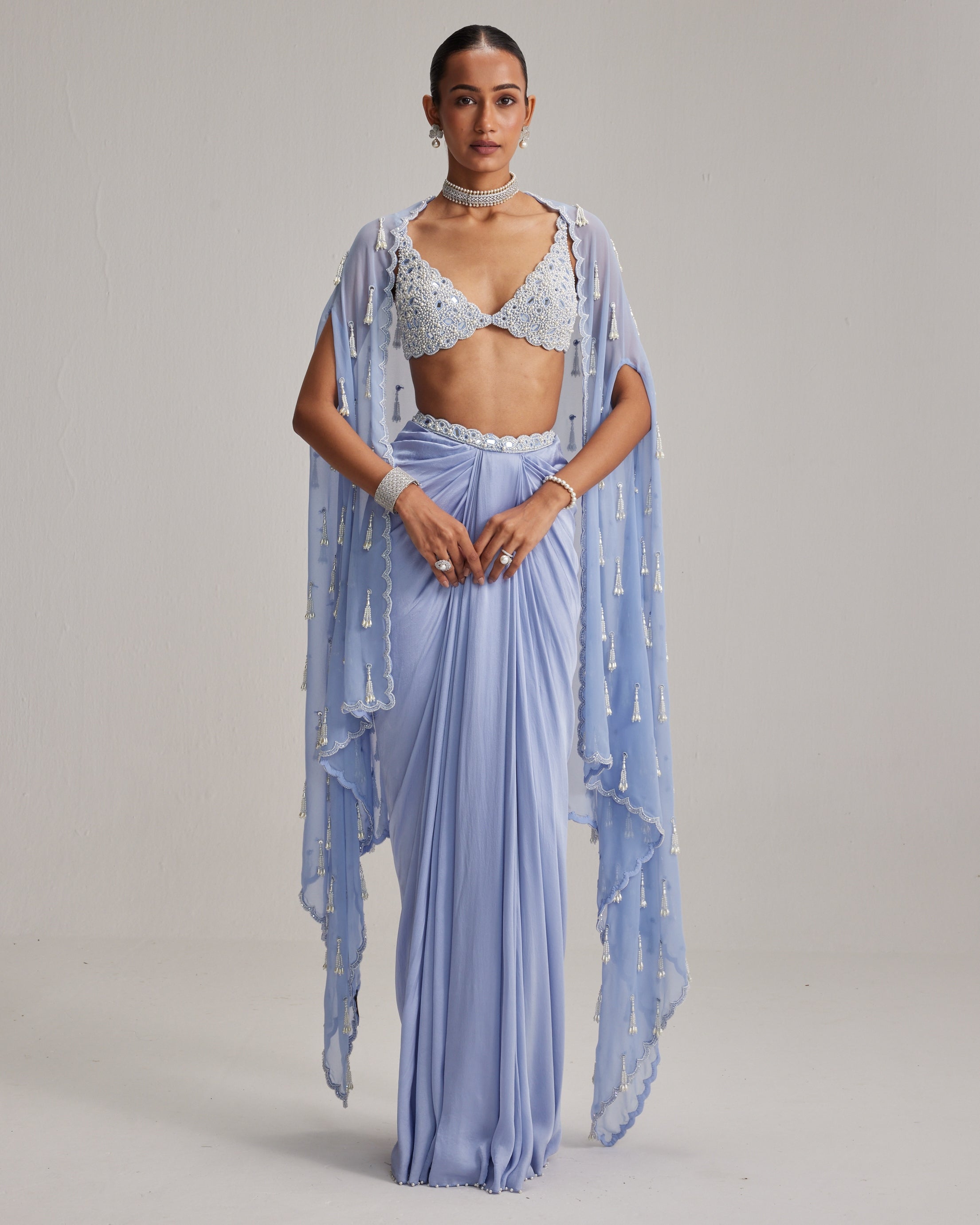 Dew Blue Cape And Satin Draped Skirt Set