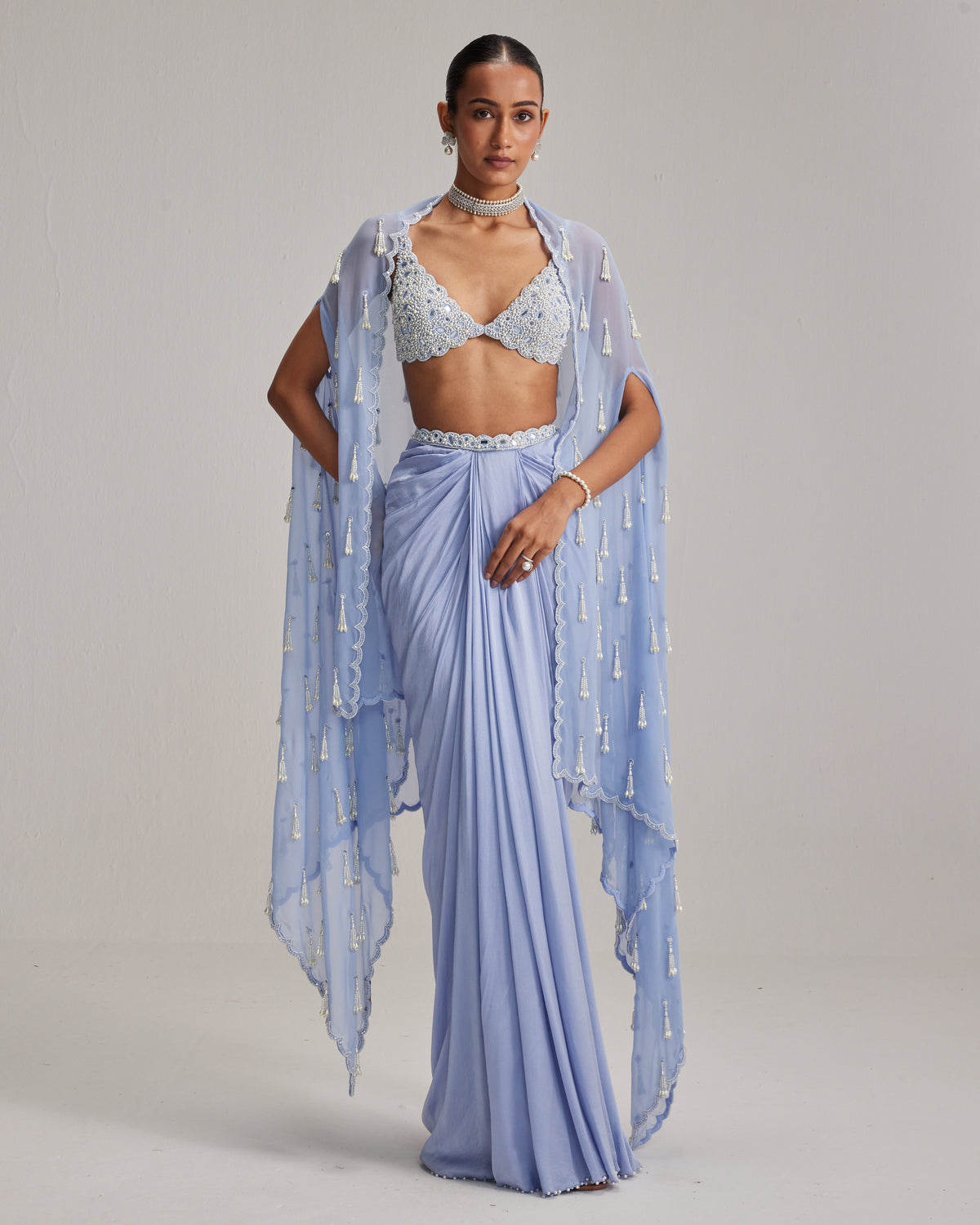 Dew Blue Cape And Satin Draped Skirt Set