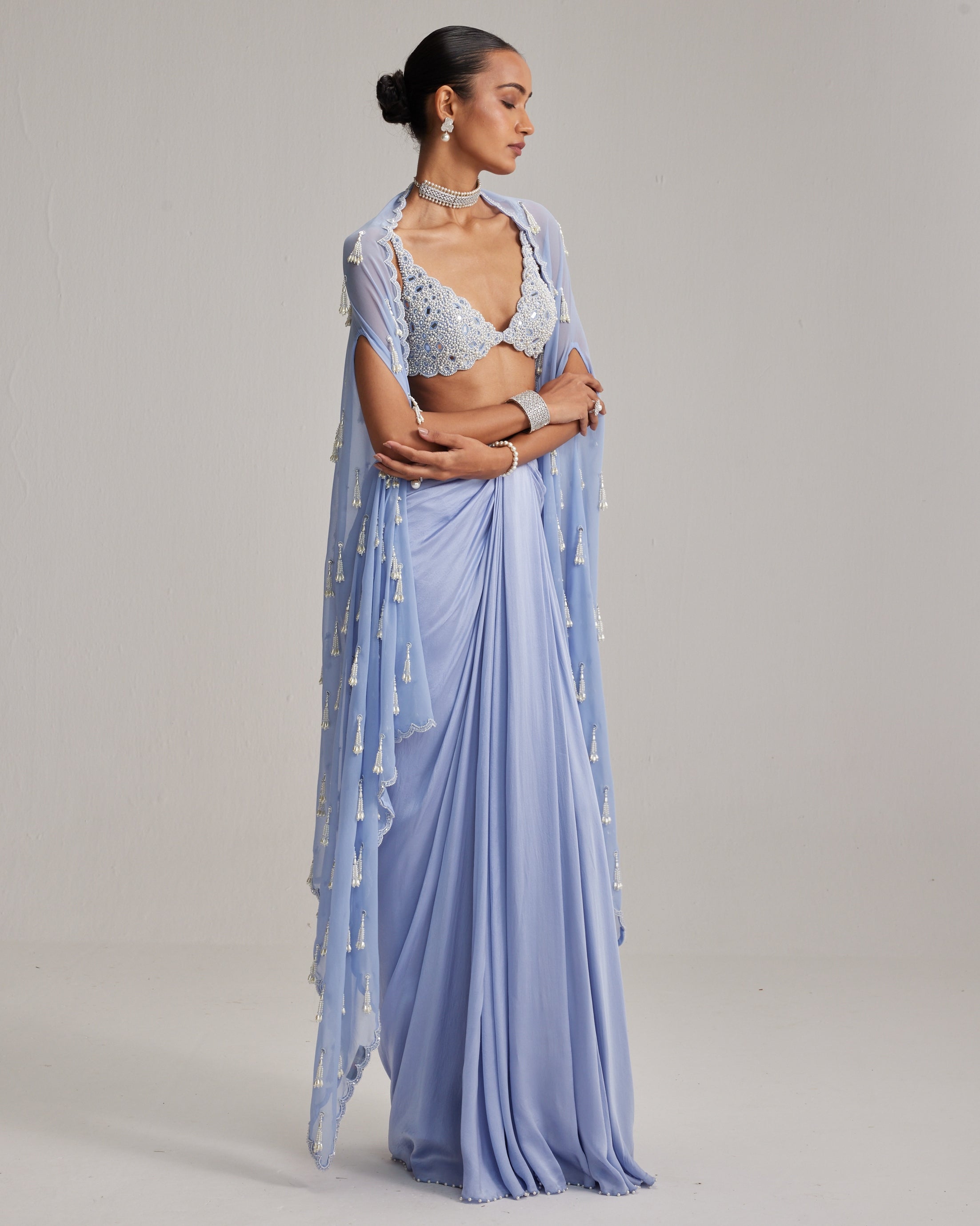 Dew Blue Cape And Satin Draped Skirt Set