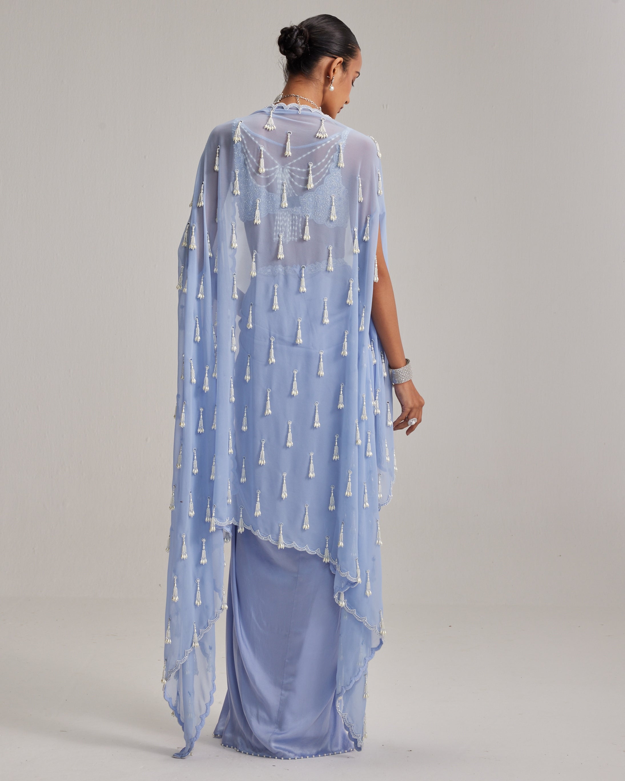 Dew Blue Cape And Satin Draped Skirt Set