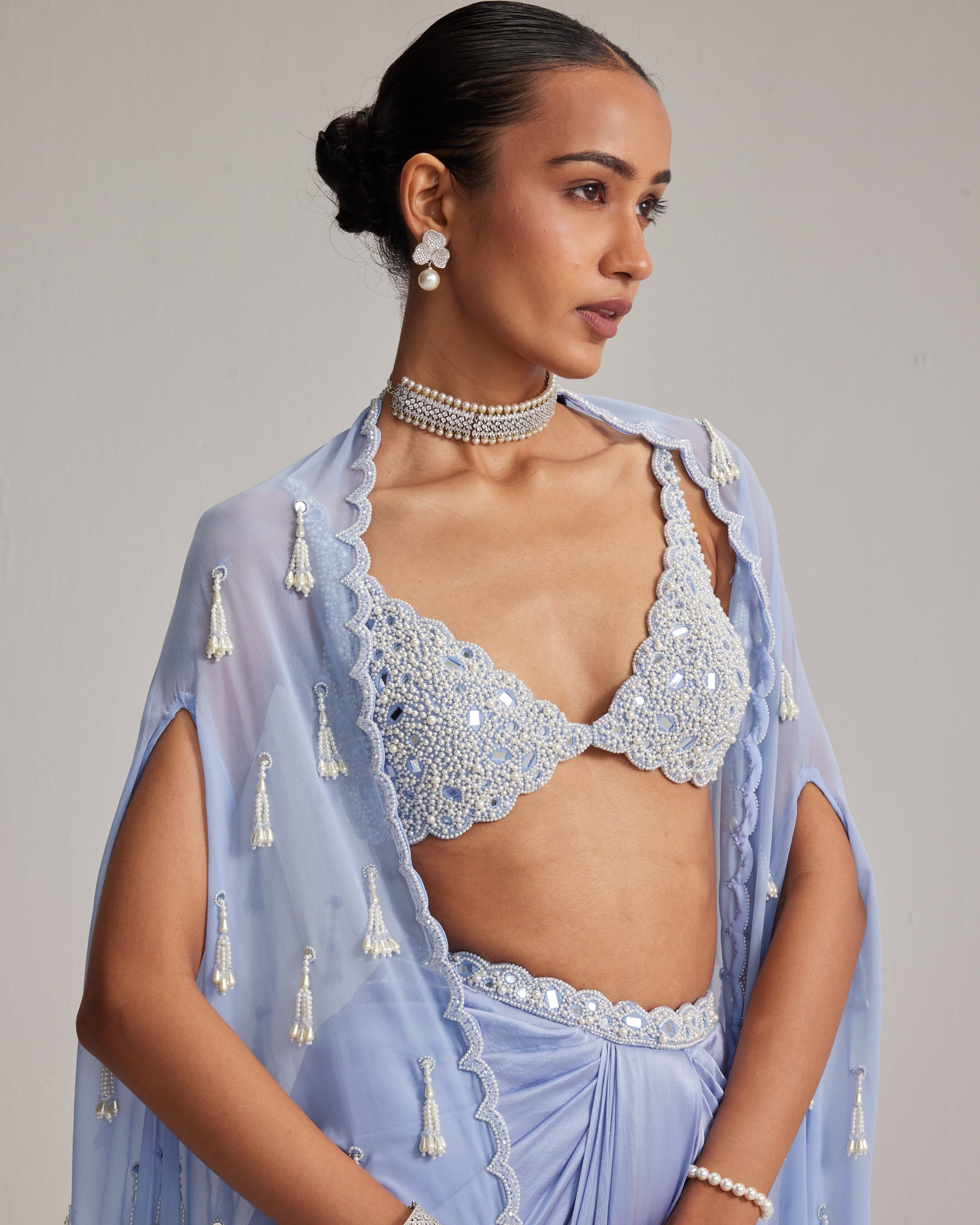 Dew Blue Cape And Satin Draped Skirt Set