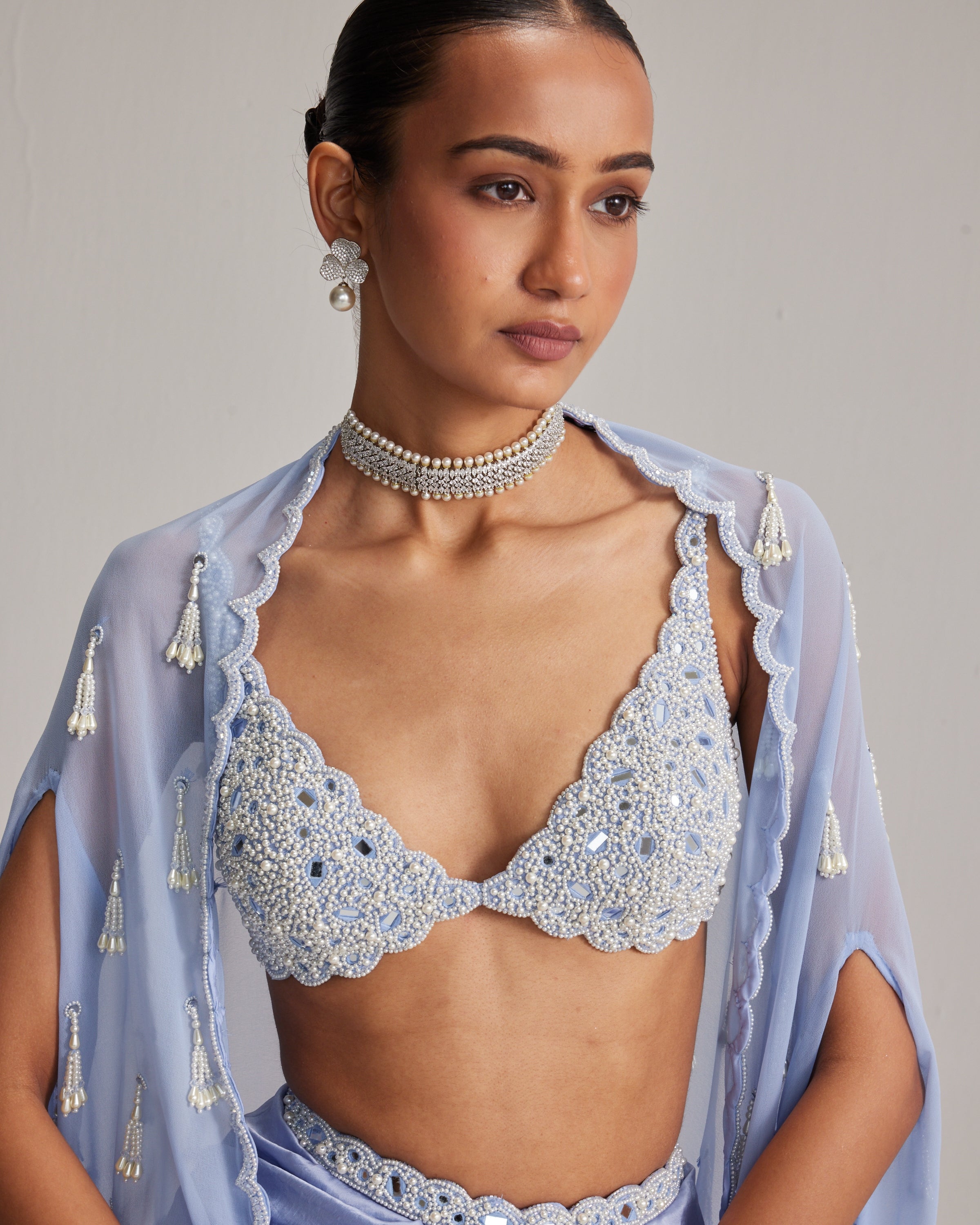 Dew Blue Cape And Satin Draped Skirt Set