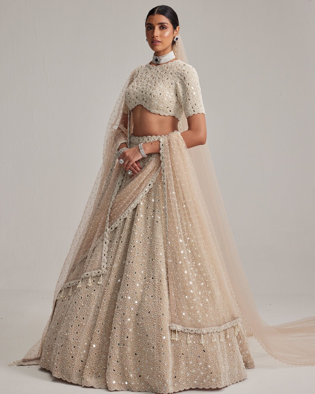 Light Beige Dense Mirror And Pearl Lehenga Set With High Neck Blouse And Dupatta