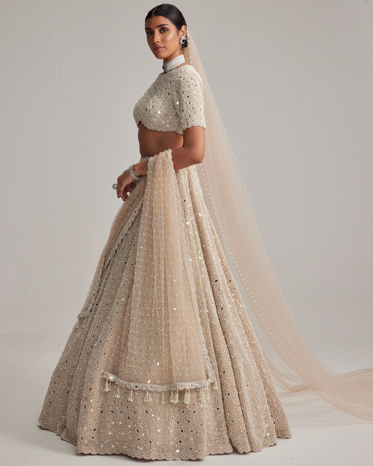 Light Beige Dense Mirror And Pearl Lehenga Set With High Neck Blouse And Dupatta