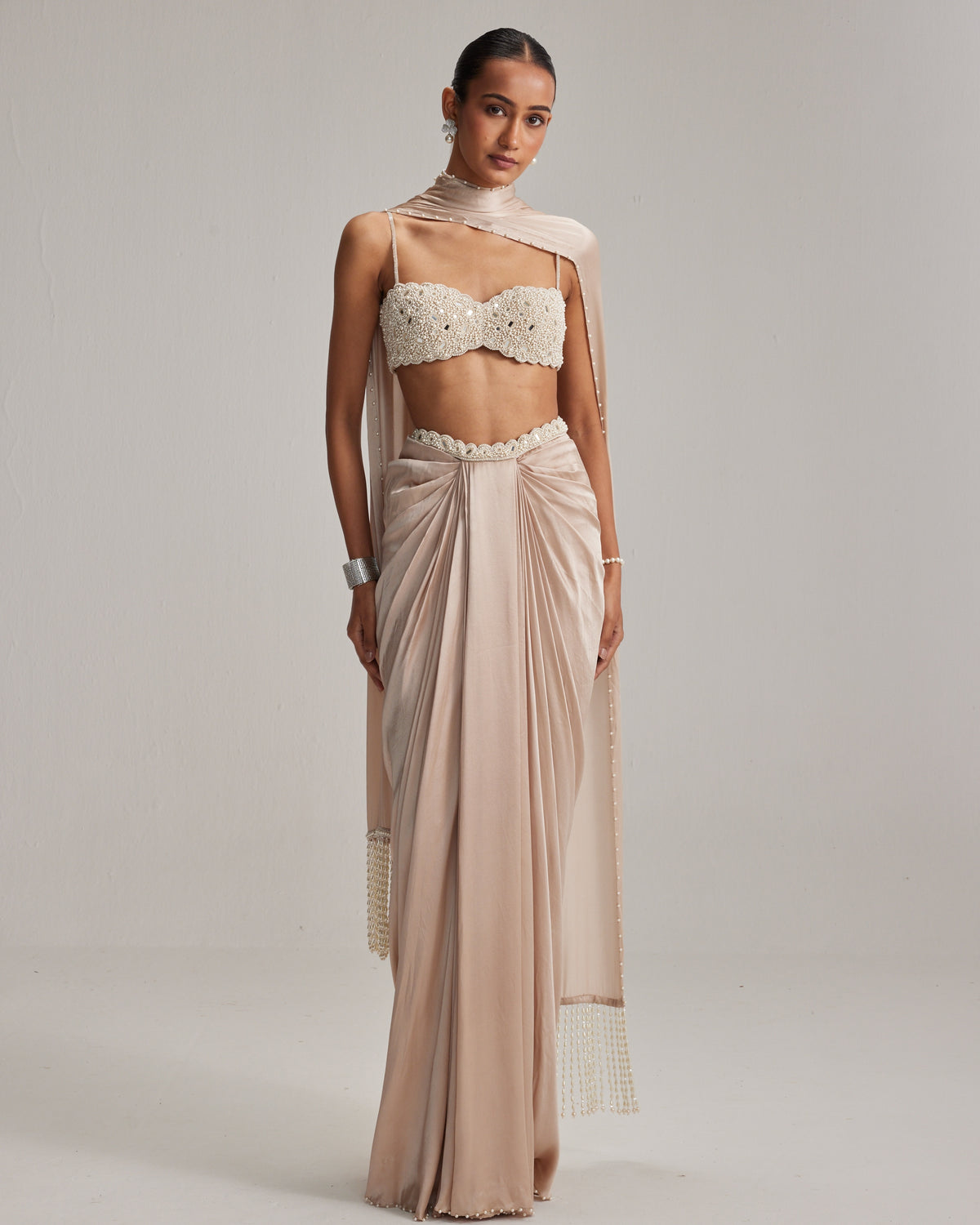 Light Beige Satin Draped Skirt Set