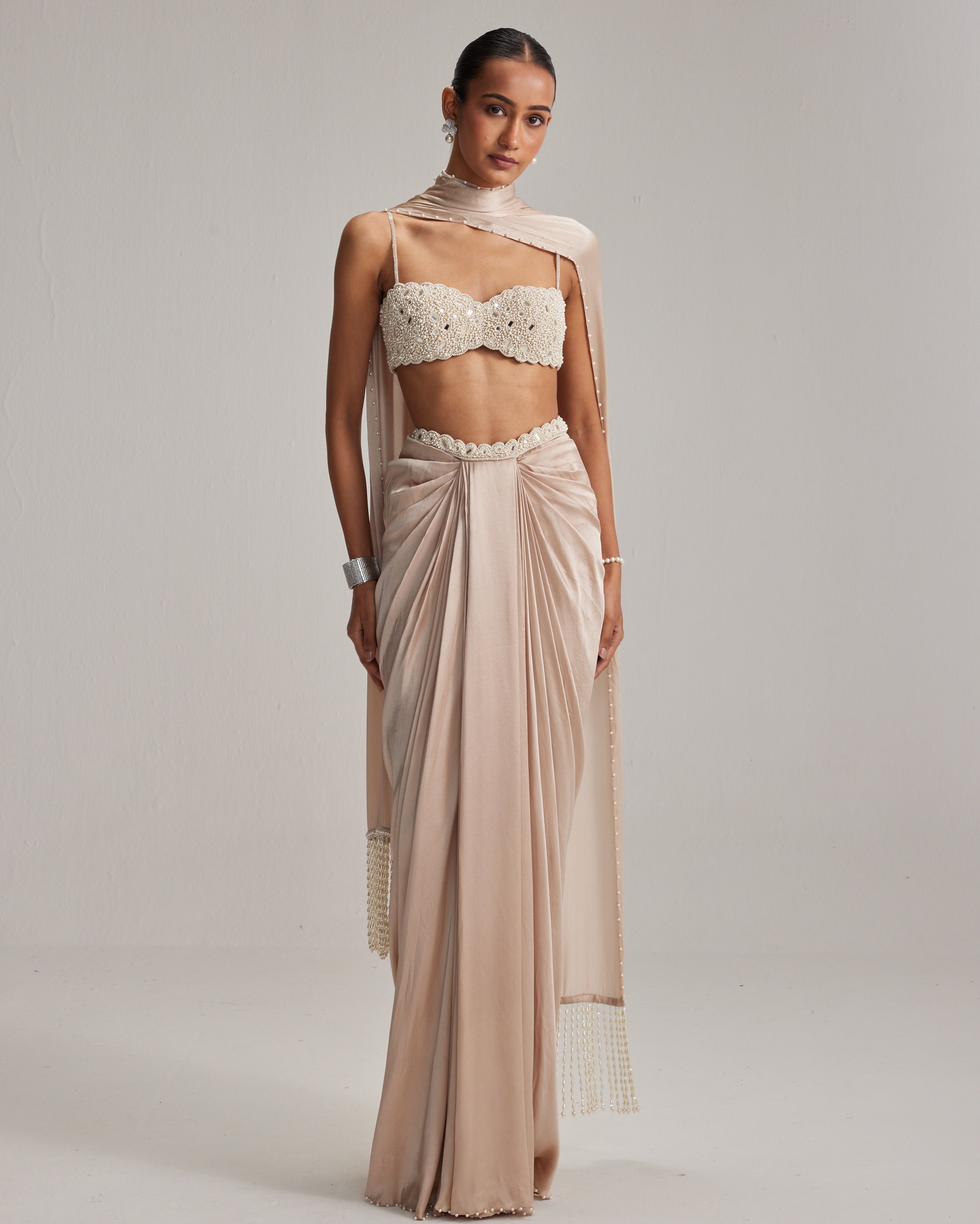 Light Beige Satin Draped Skirt Set