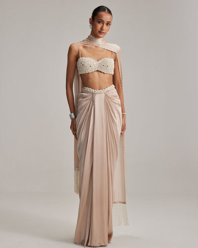 Light Beige Satin Draped Skirt Set