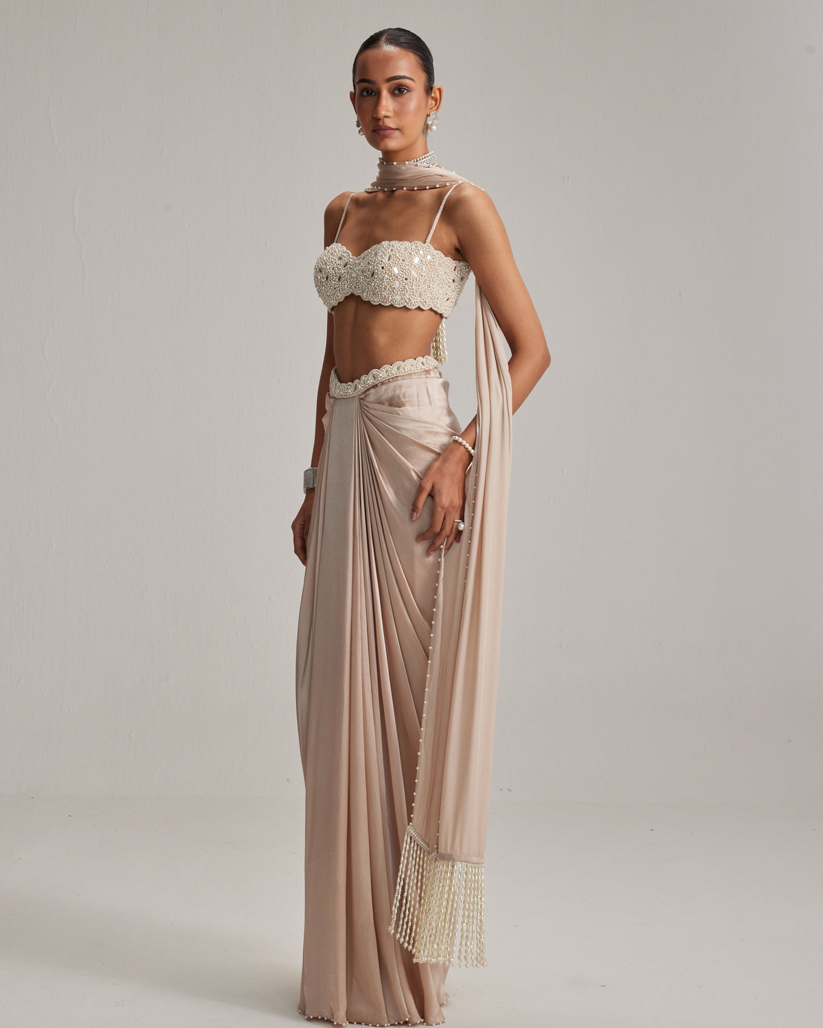 Light Beige Satin Draped Skirt Set