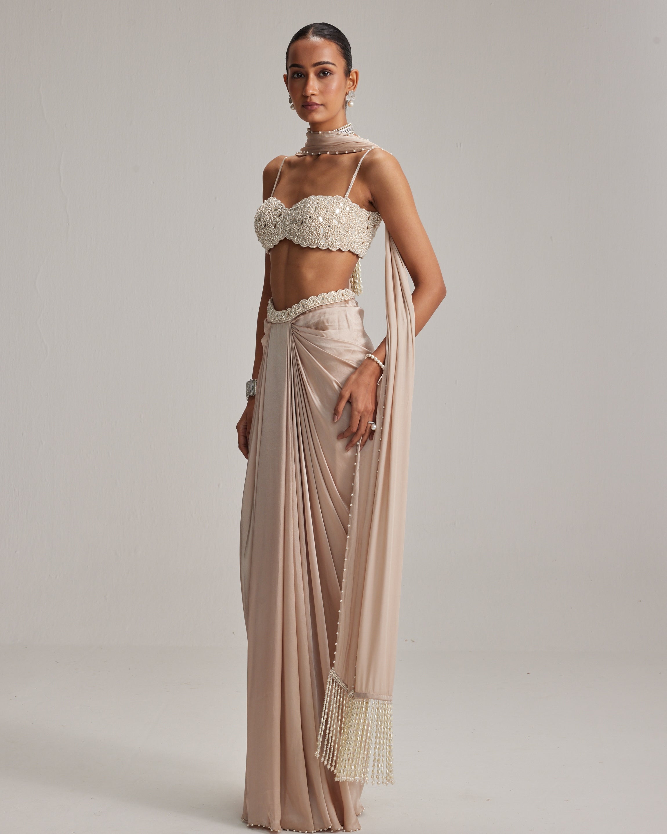 Light Beige Satin Draped Skirt Set