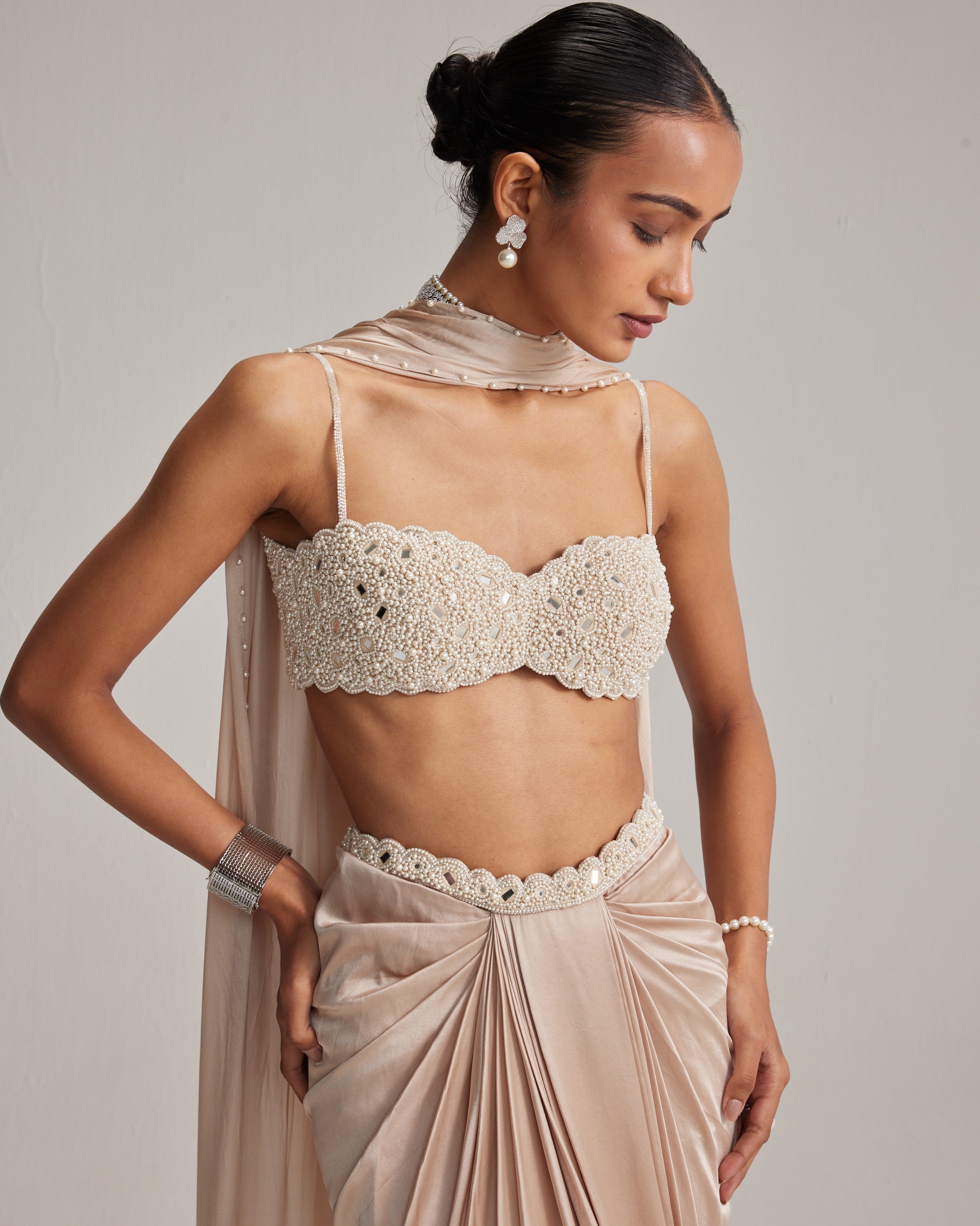 Ash Pink Pearl Scattered Draped Skirt Set