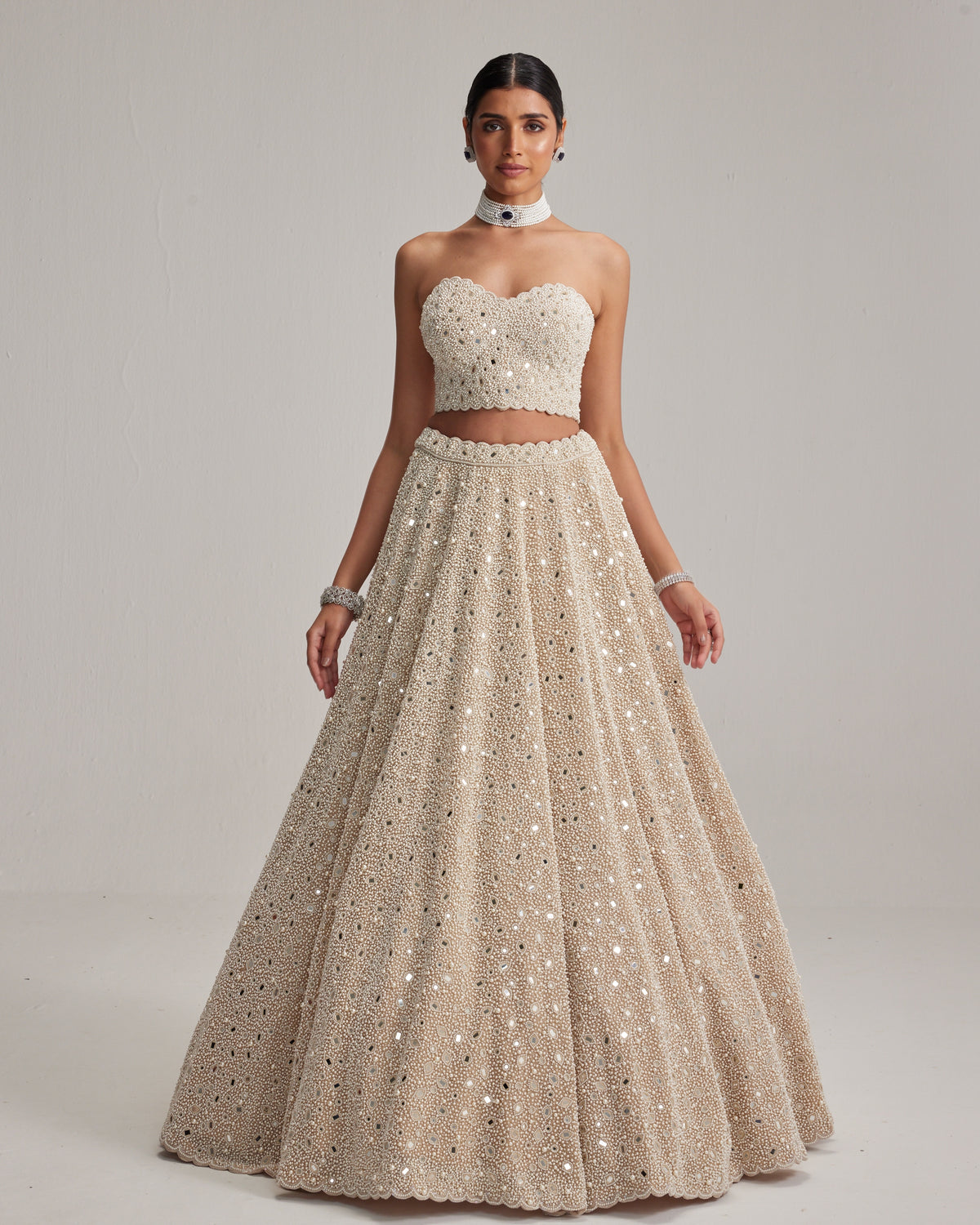 Light Beige Dense Mirror And Pearl Corset Lehenga Set