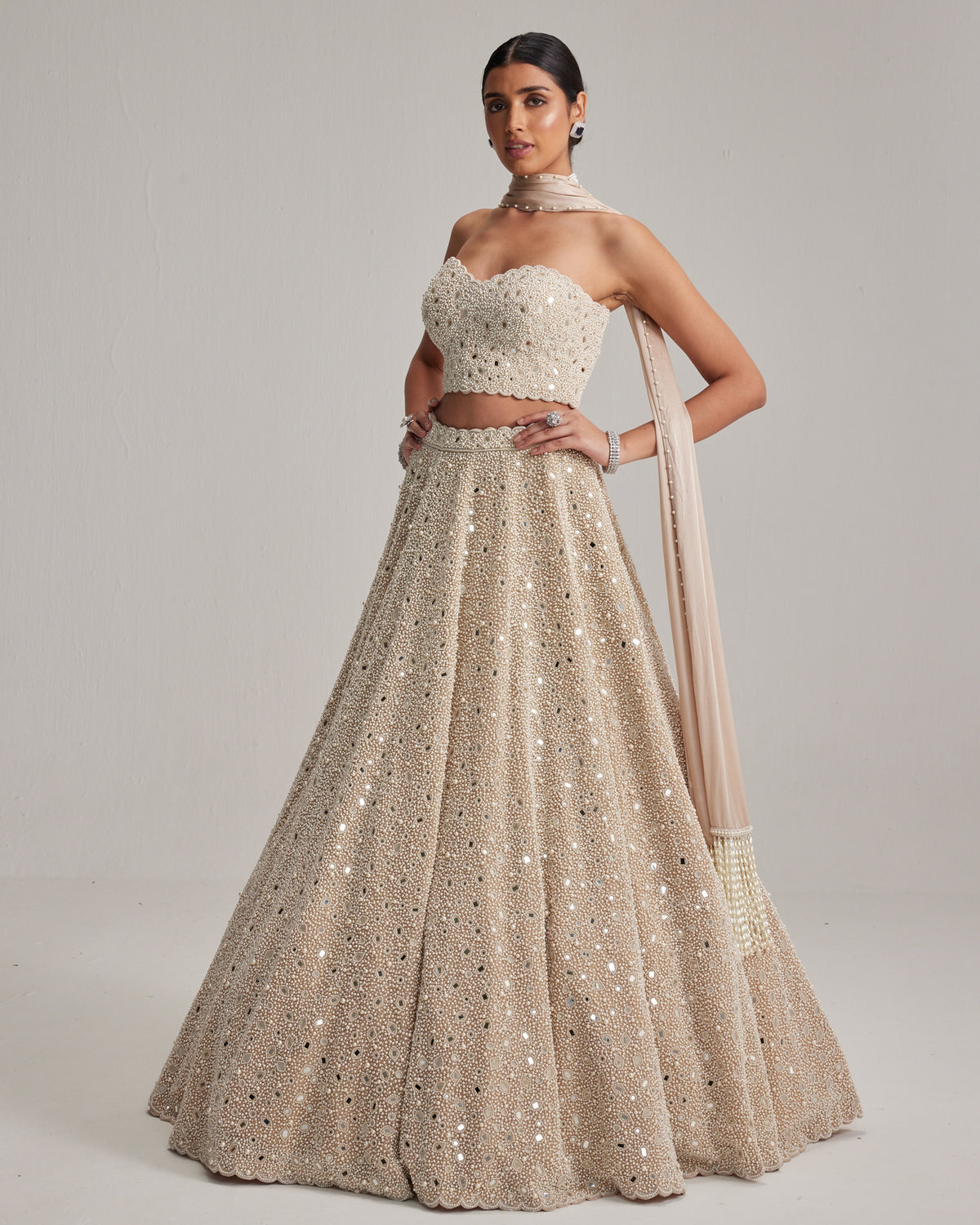 Light Beige Dense Mirror And Pearl Corset Lehenga Set