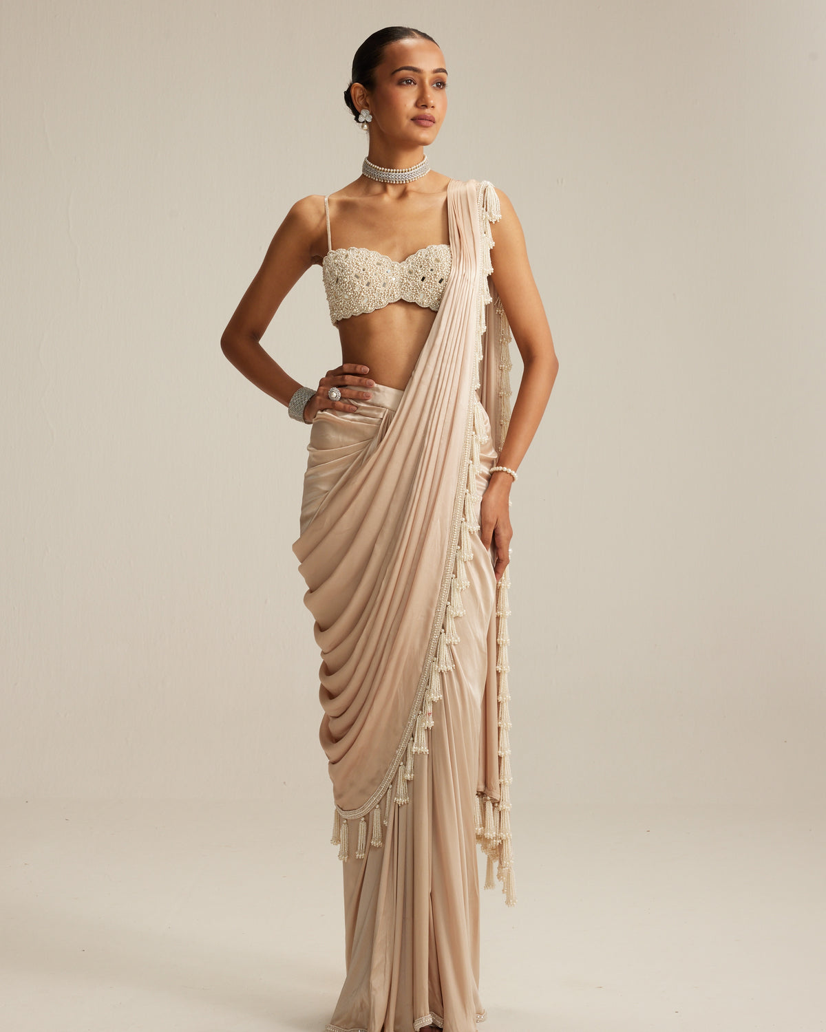 Light Beige Mirror And Pearl Satin Draped Sari Set