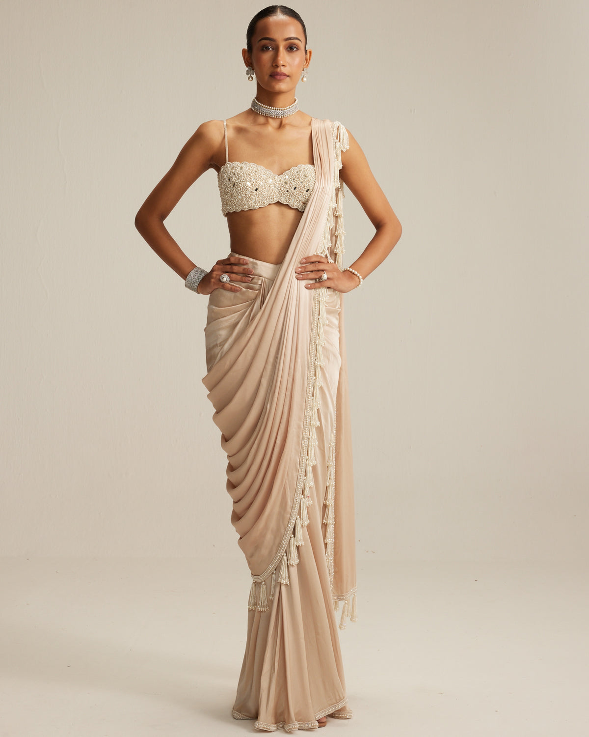 Light Beige Mirror And Pearl Satin Draped Sari Set