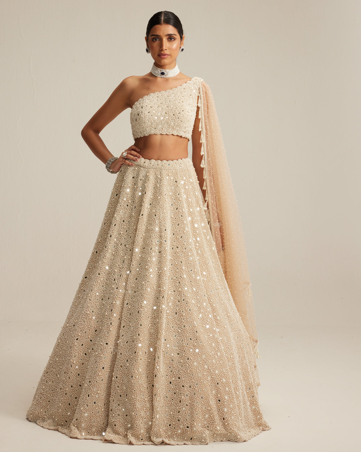 Light Beige Dense Mirror And Pearl One Shoulder Lehenga Set