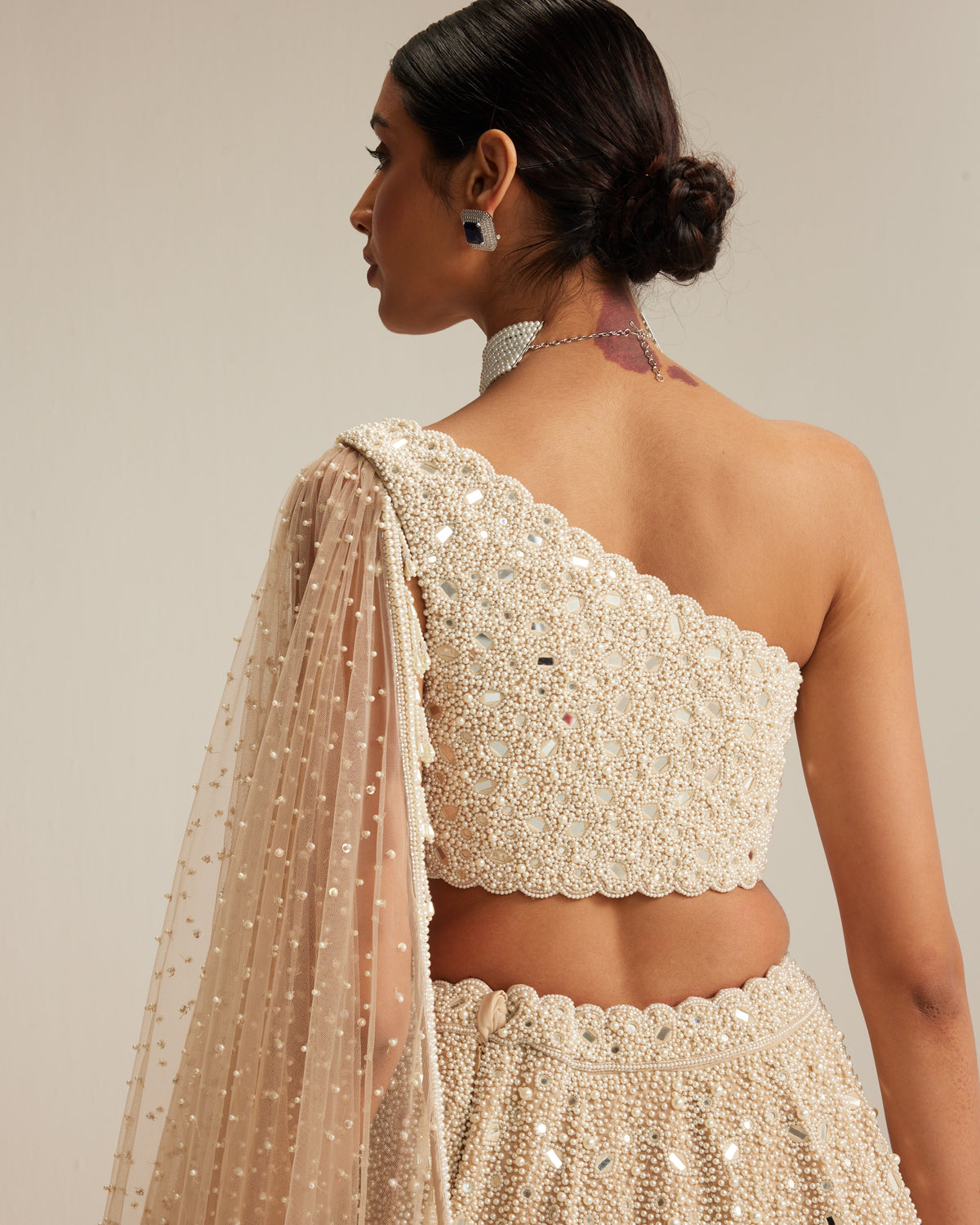 Light Beige Dense Mirror And Pearl One Shoulder Lehenga Set