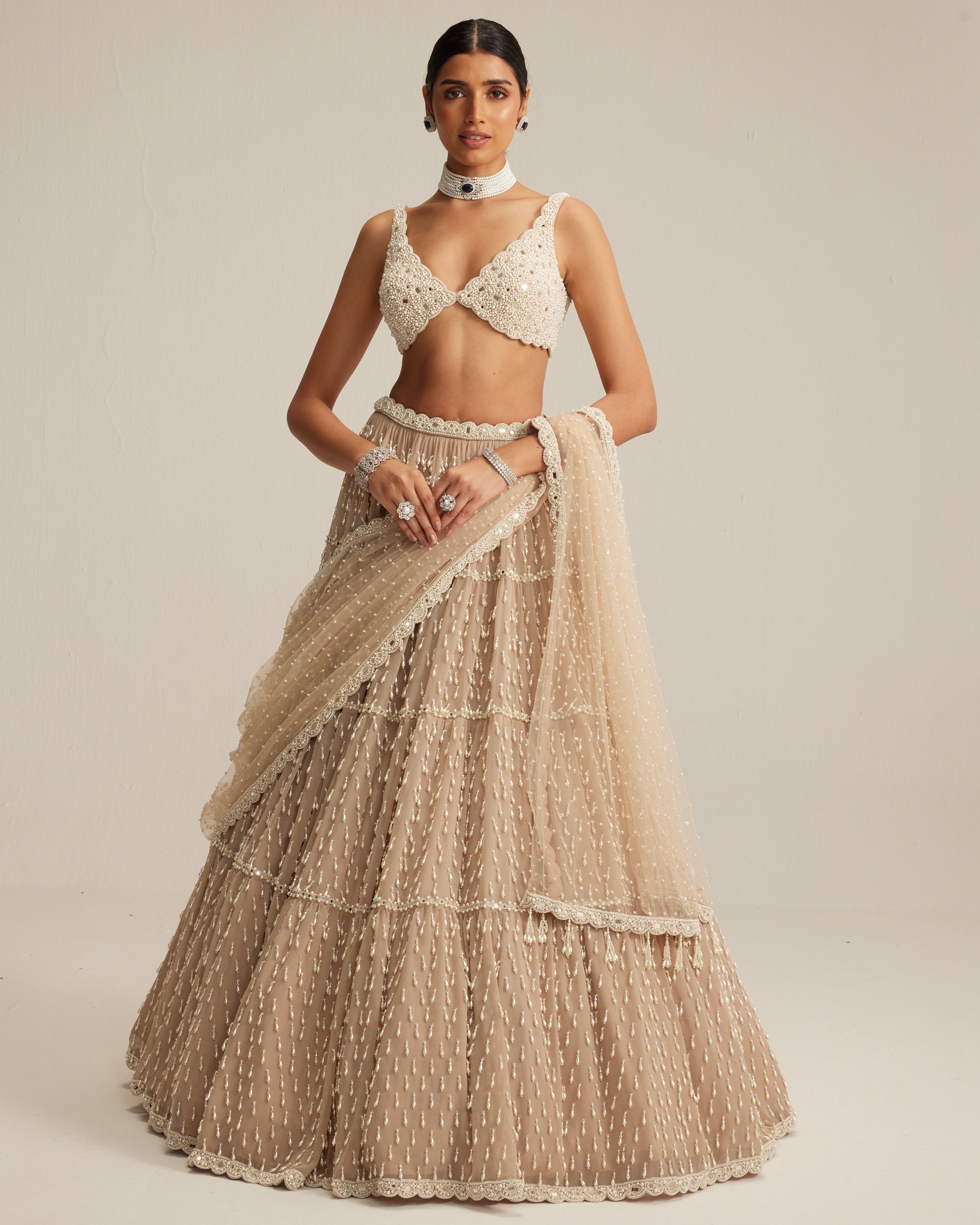 Light Beige Pearl Drop Multi Tier Lehenga Set