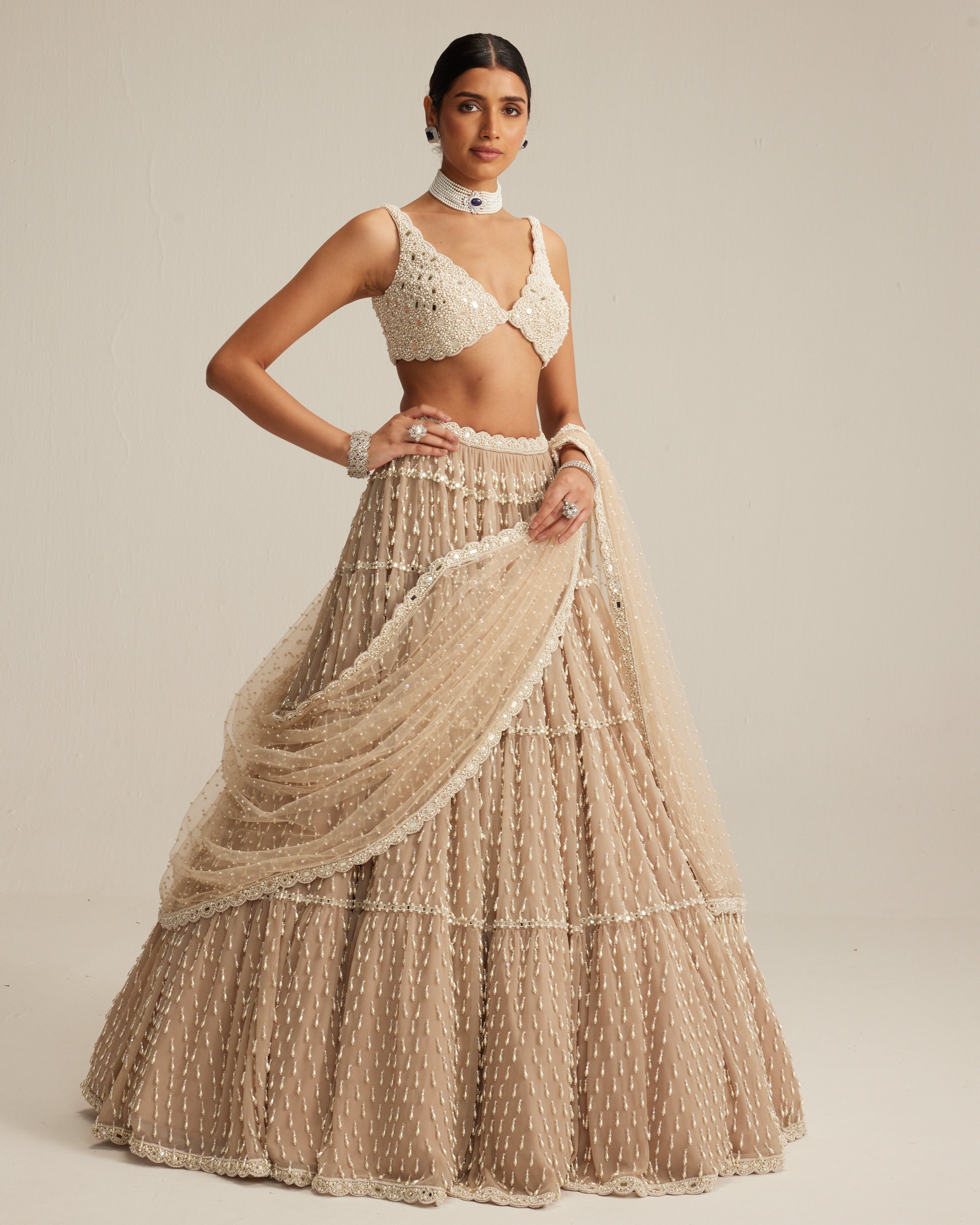 Light Beige Pearl Drop Multi Tier Lehenga Set