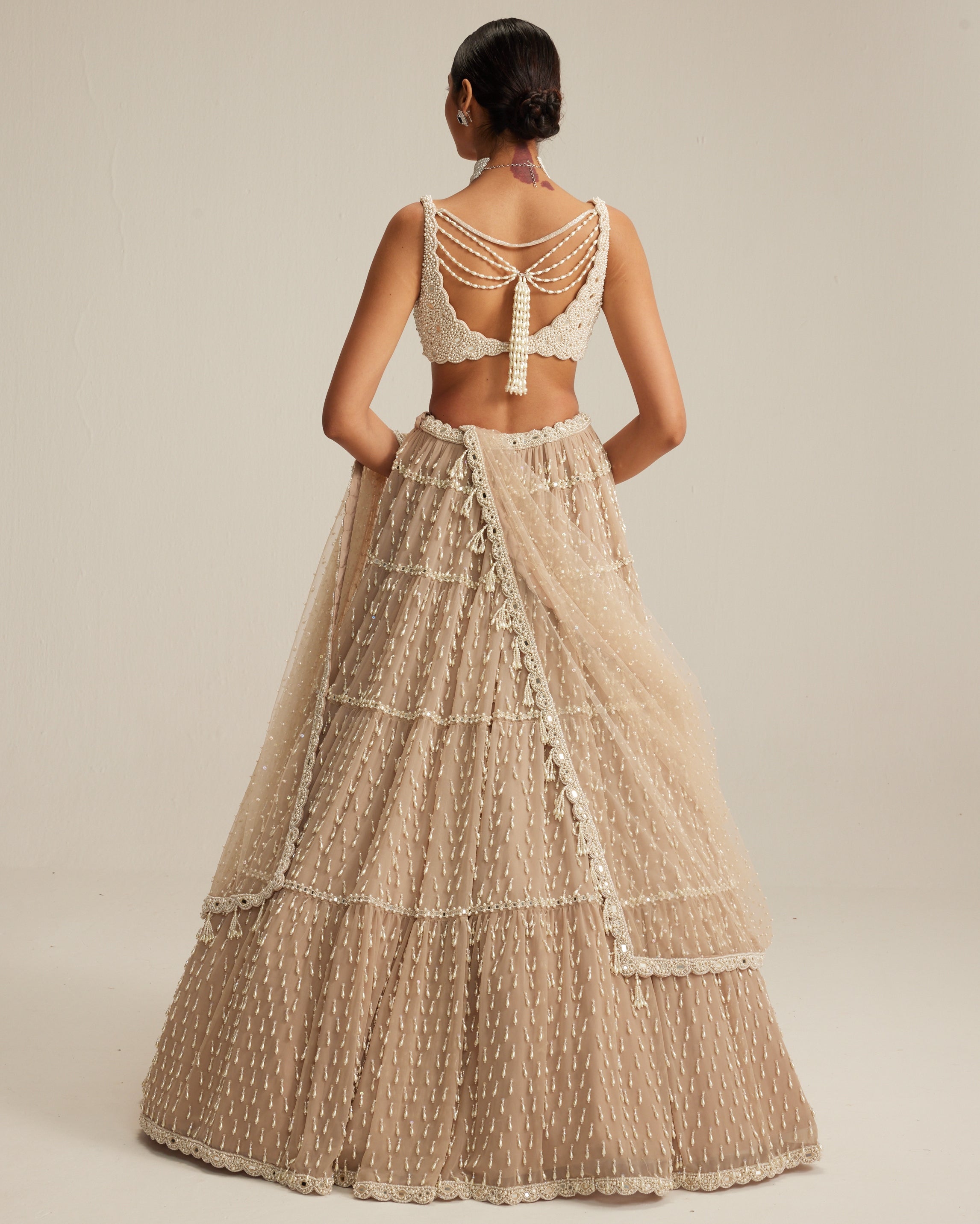 Light Beige Pearl Drop Multi Tier Lehenga Set