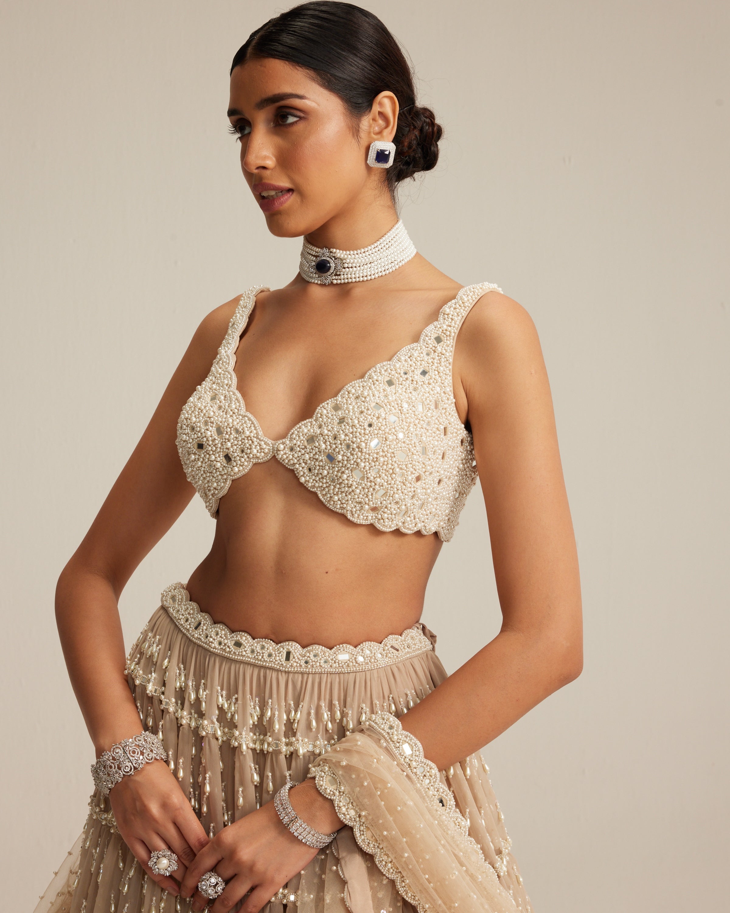 Light Beige Pearl Drop Multi Tier Lehenga Set