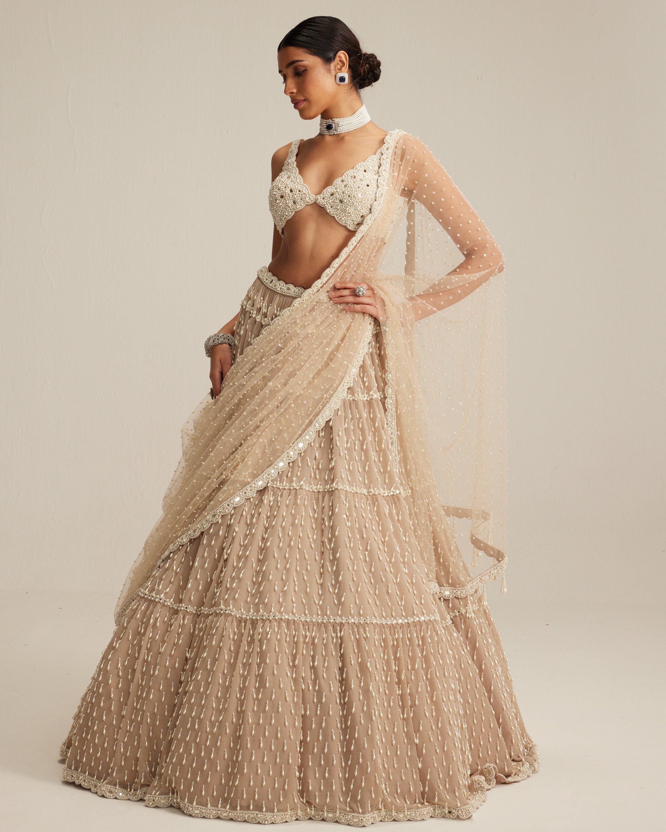 Light Beige Pearl Drop Multi Tier Lehenga Set
