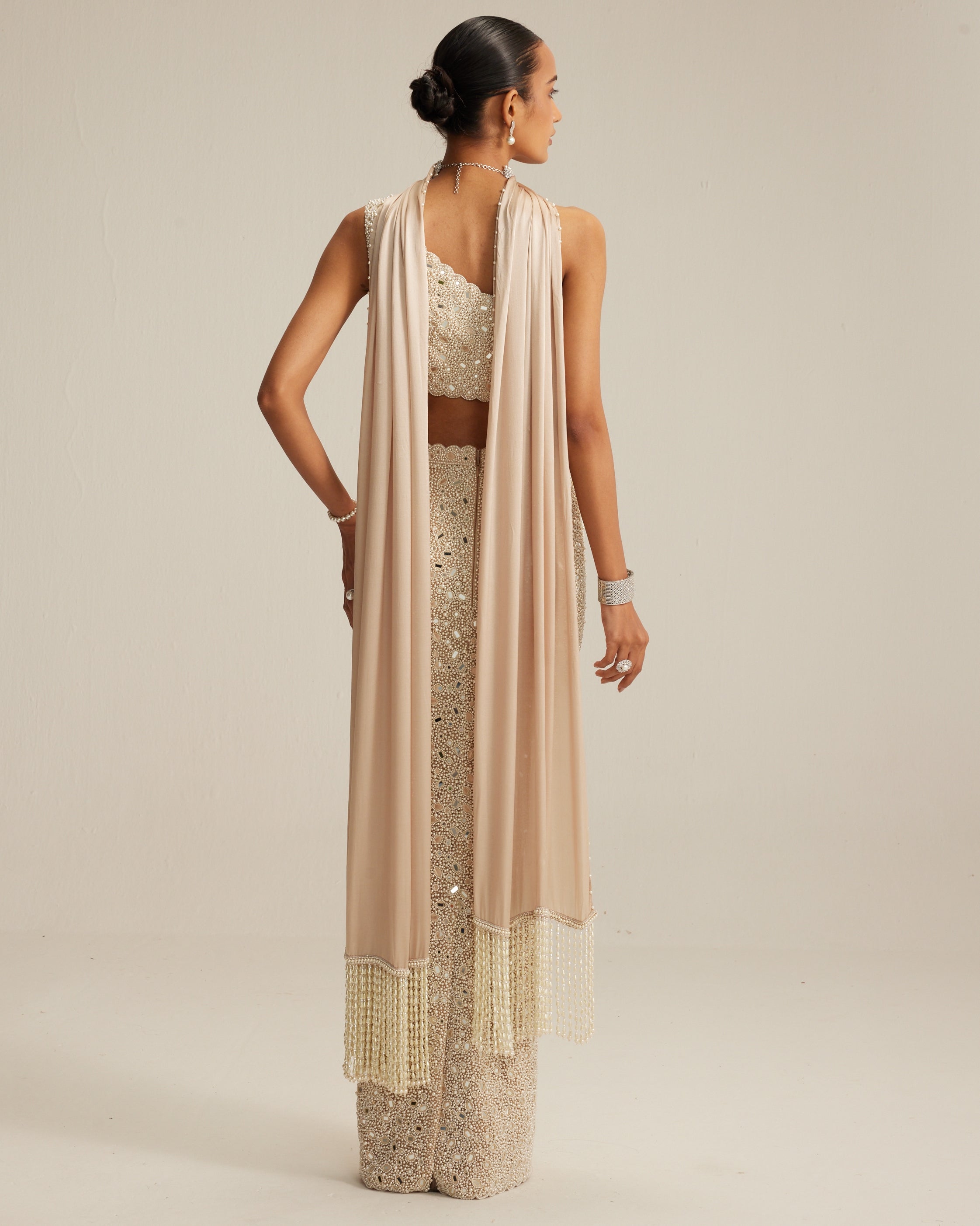 Light Beige One Shoulder Pencil Skirt Set