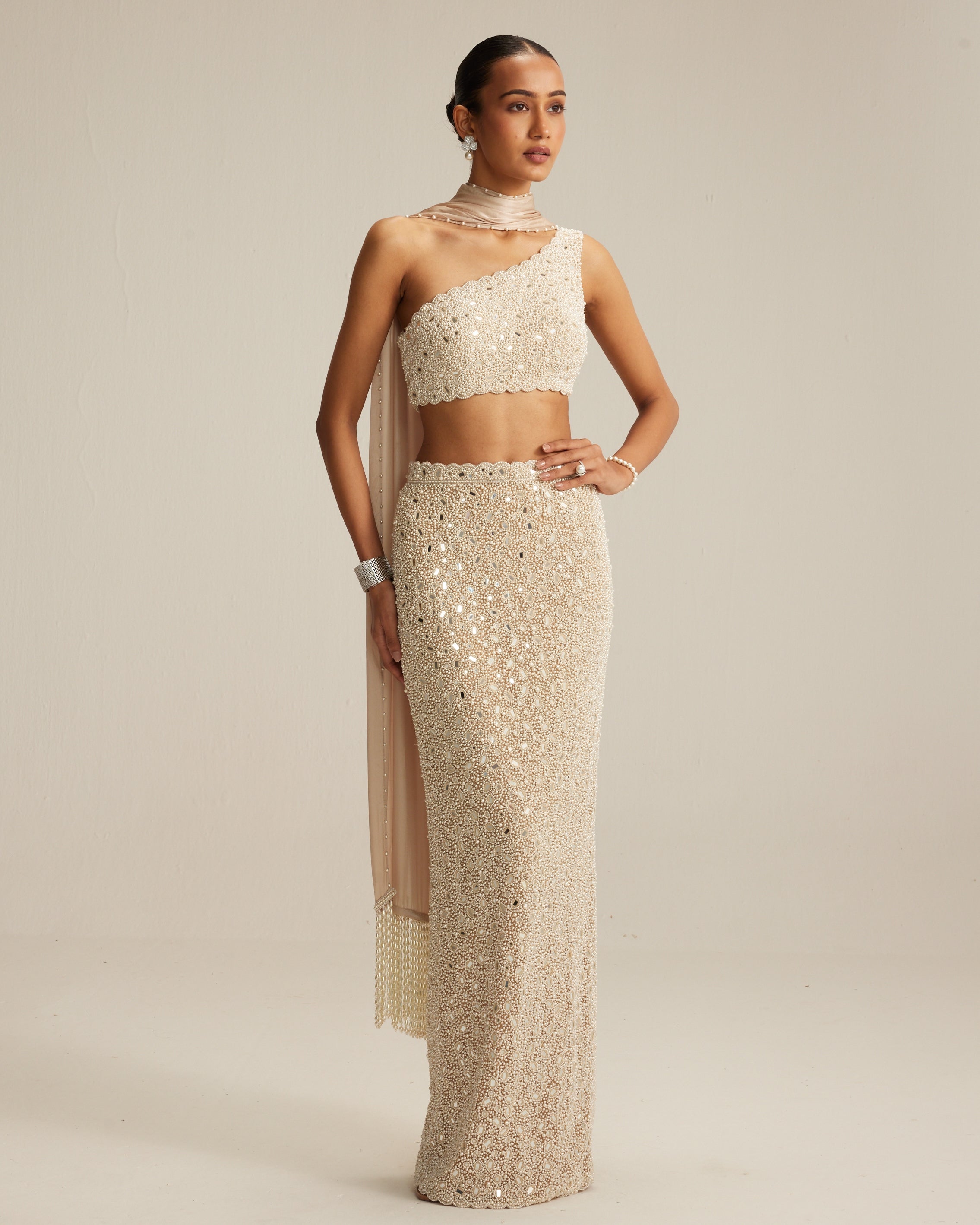 Light Beige One Shoulder Pencil Skirt Set