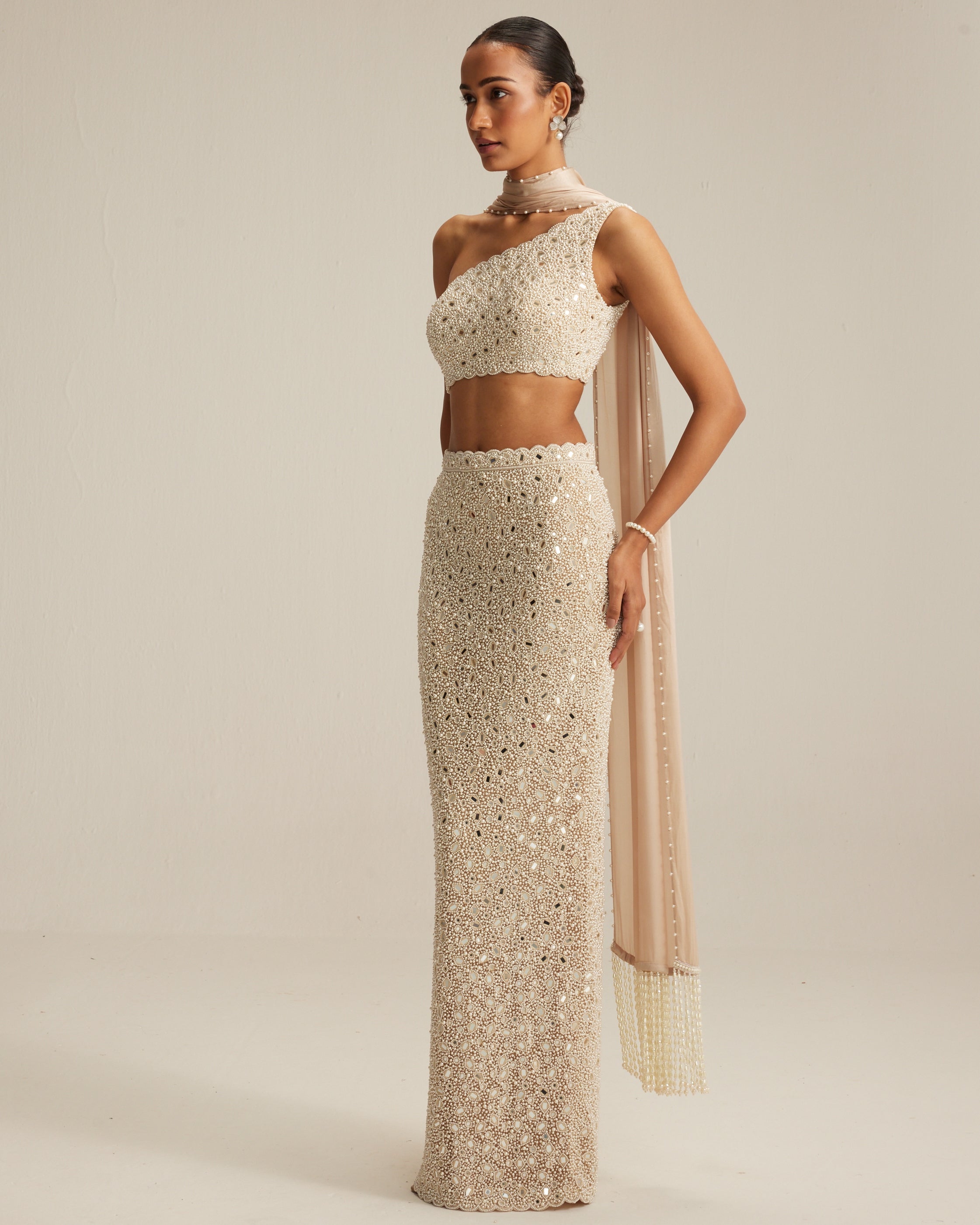 Light Beige One Shoulder Pencil Skirt Set