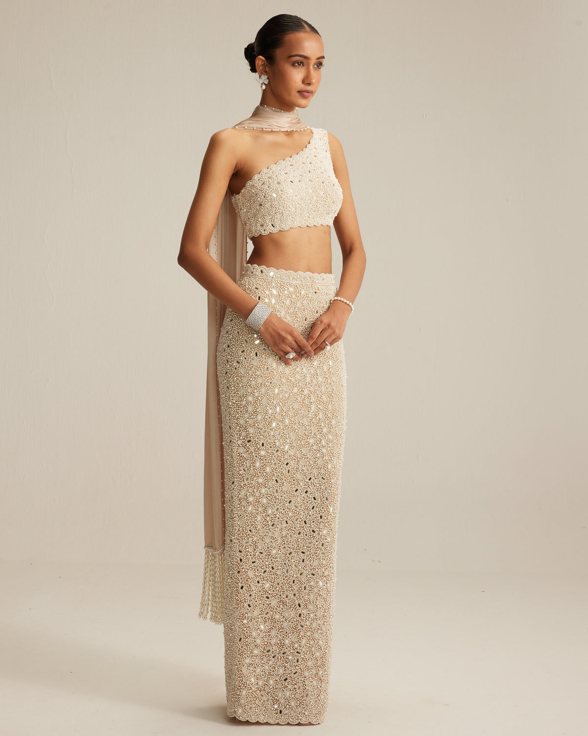 Light Beige One Shoulder Pencil Skirt Set