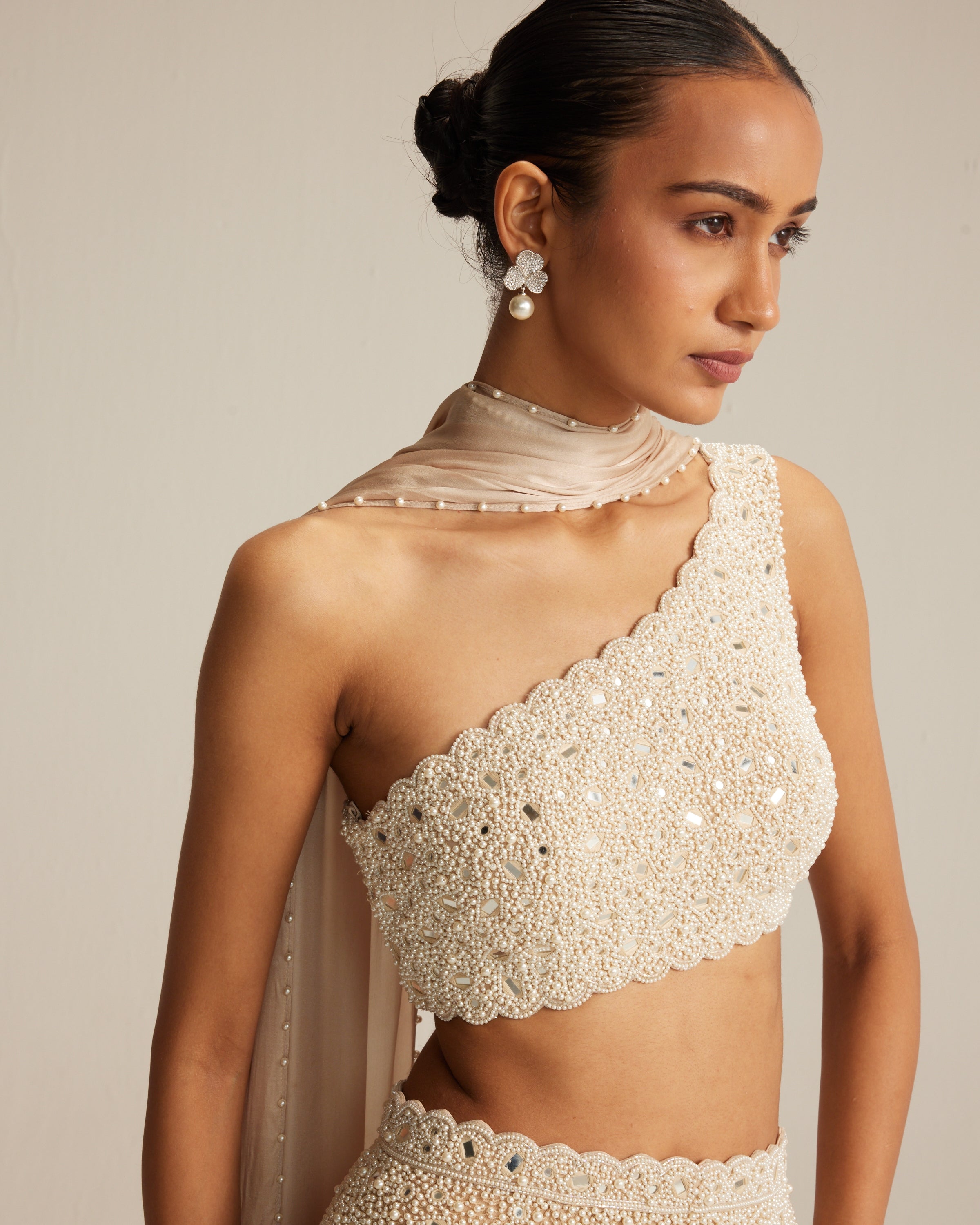 Light Beige One Shoulder Pencil Skirt Set