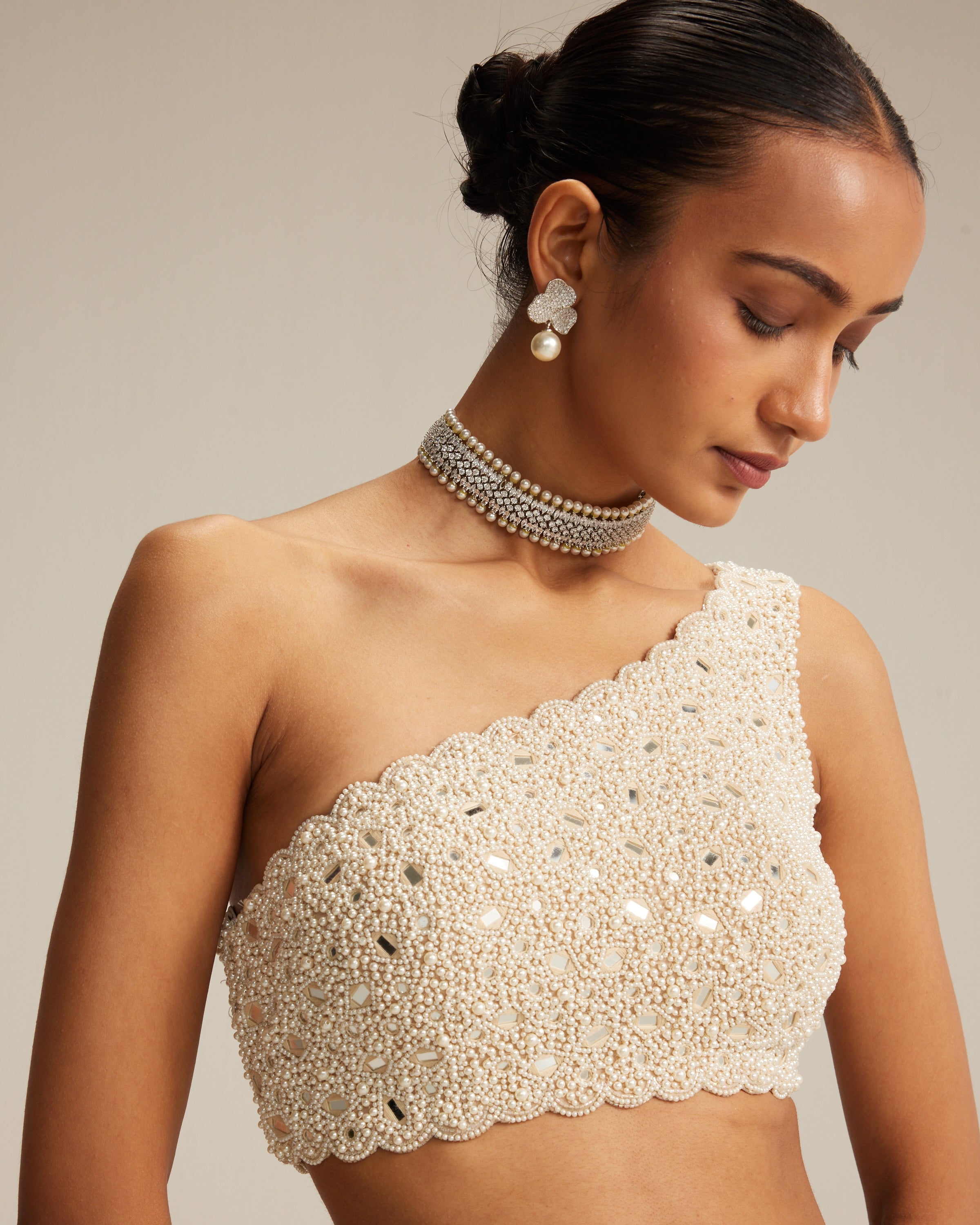 Light Beige One Shoulder Pencil Skirt Set