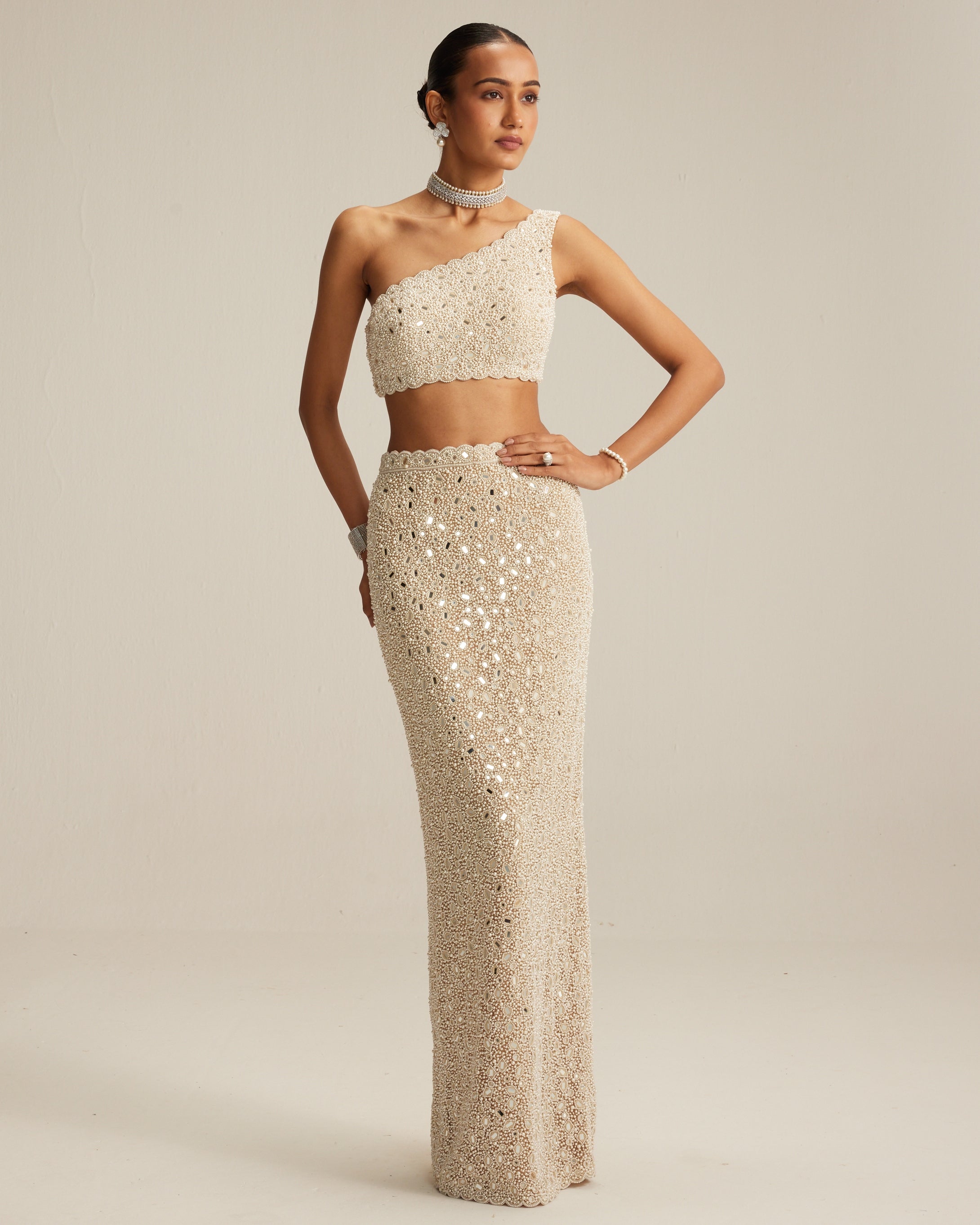 Light Beige One Shoulder Pencil Skirt Set