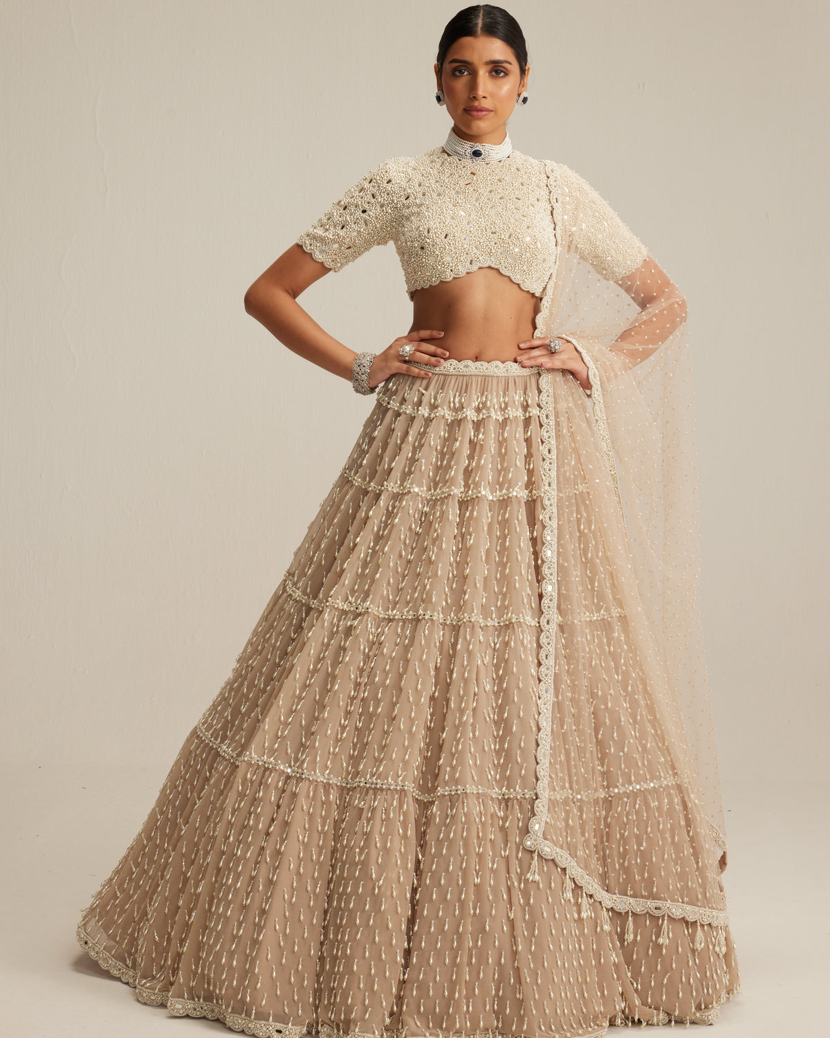 Light Beige Pearl Drop Multi Tier Lehenga With High Neck Blouse Set