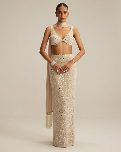 Light Beige V Neck Pencil Skirt Set