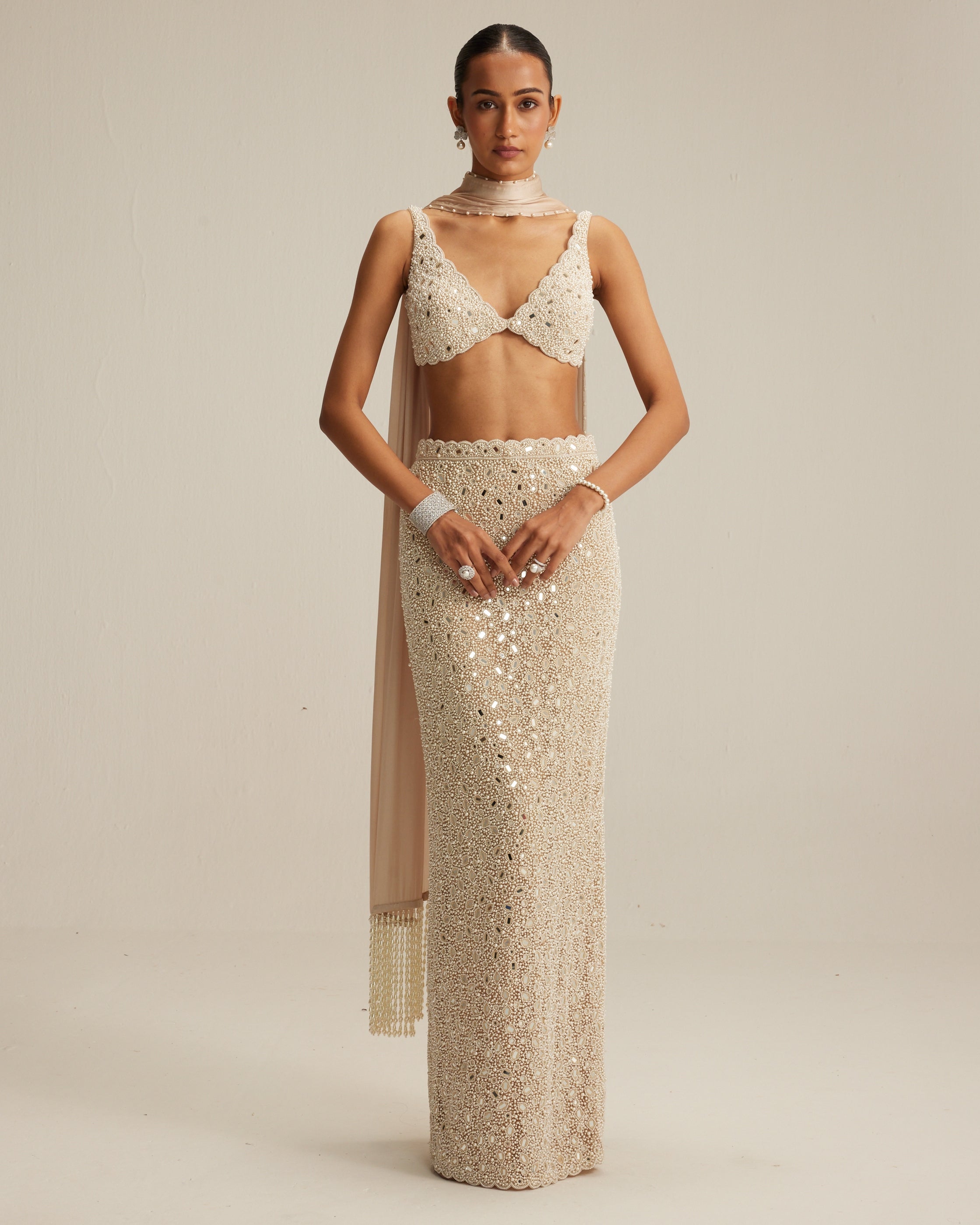 Light Beige V Neck Pencil Skirt Set