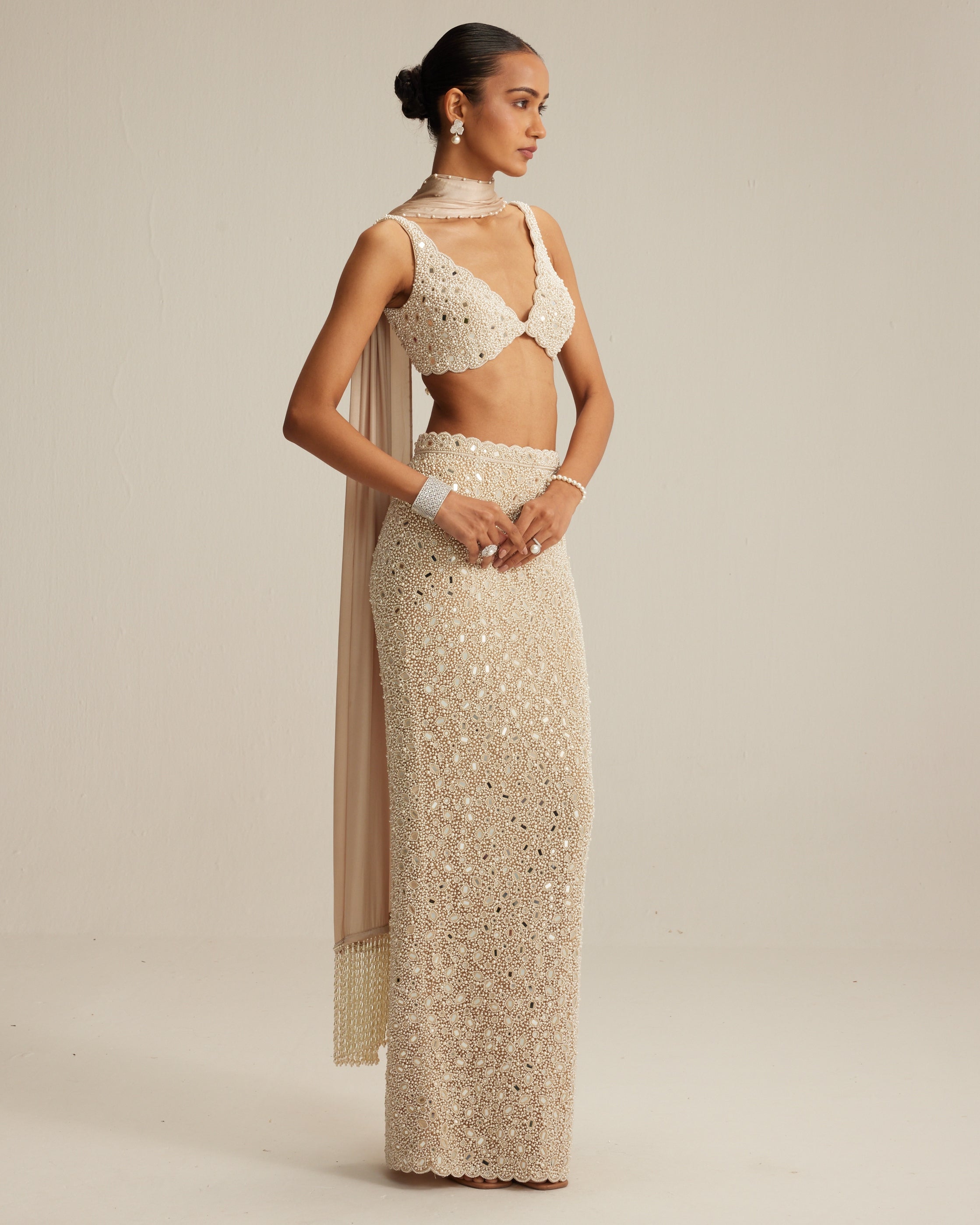 Light Beige V Neck Pencil Skirt Set