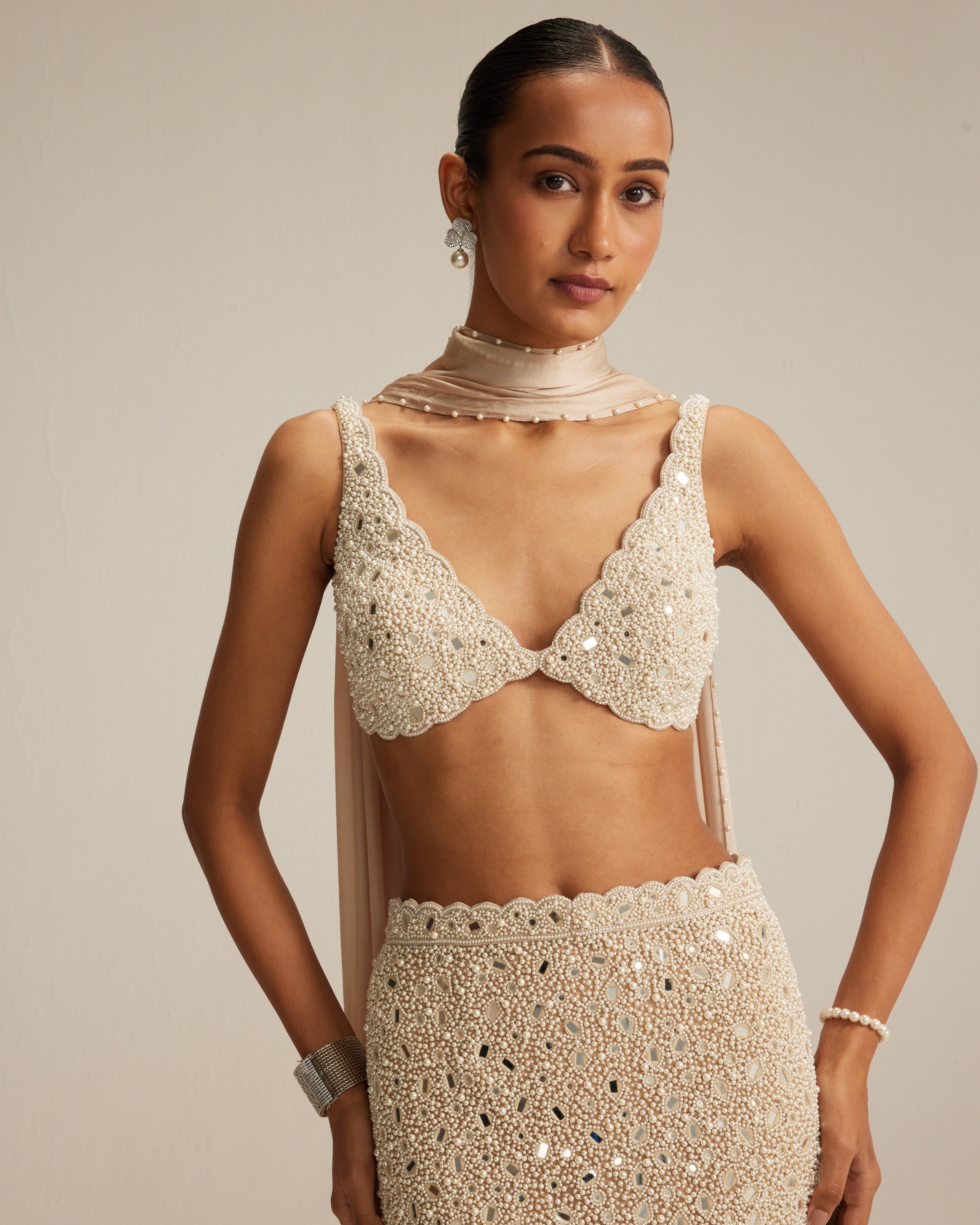 Light Beige V Neck Pencil Skirt Set