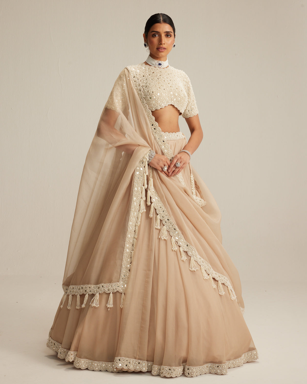 Light Beige High Neck Organza Mirror And Pearl Lehenga Set