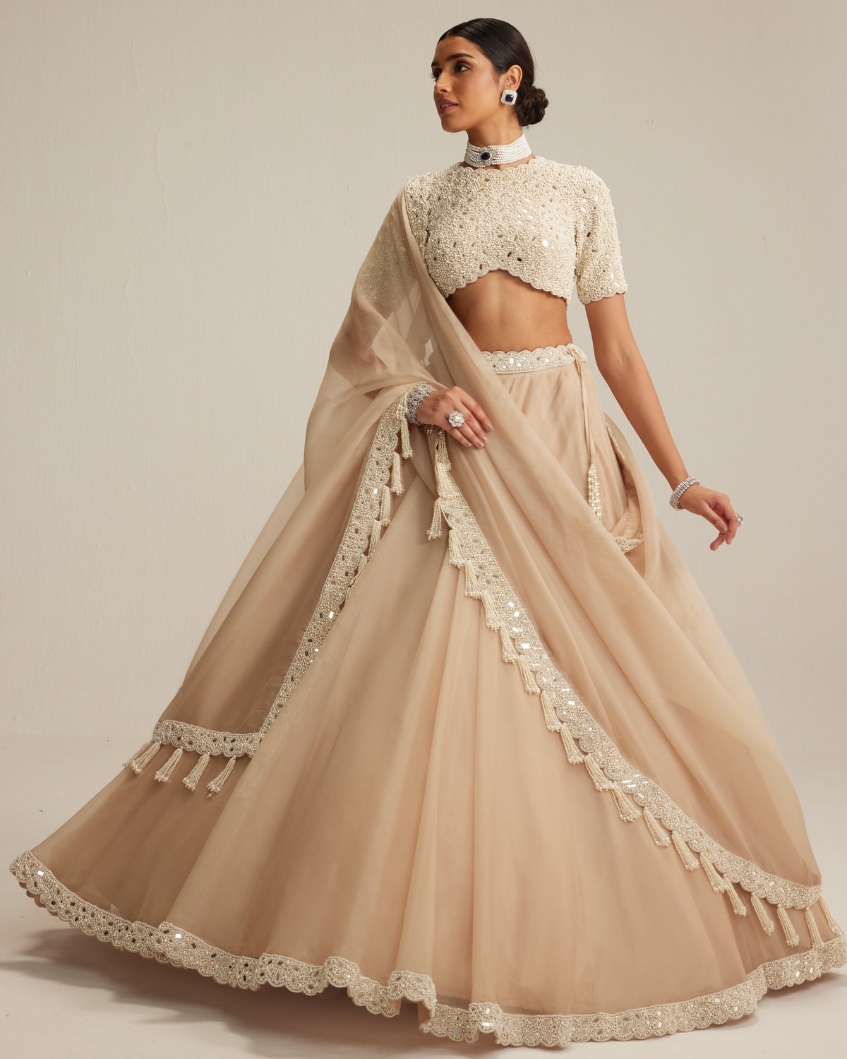 Light Beige High Neck Organza Mirror And Pearl Lehenga Set
